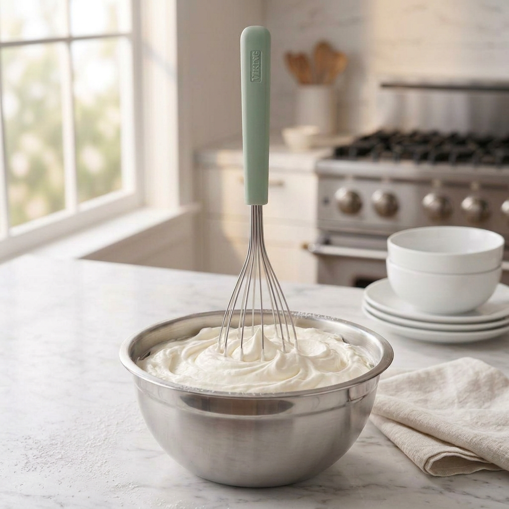 A light green Viking ABS Handle 5pc Tool Set whisk stands upright in a stainless steel bowl filled with whipped cream.