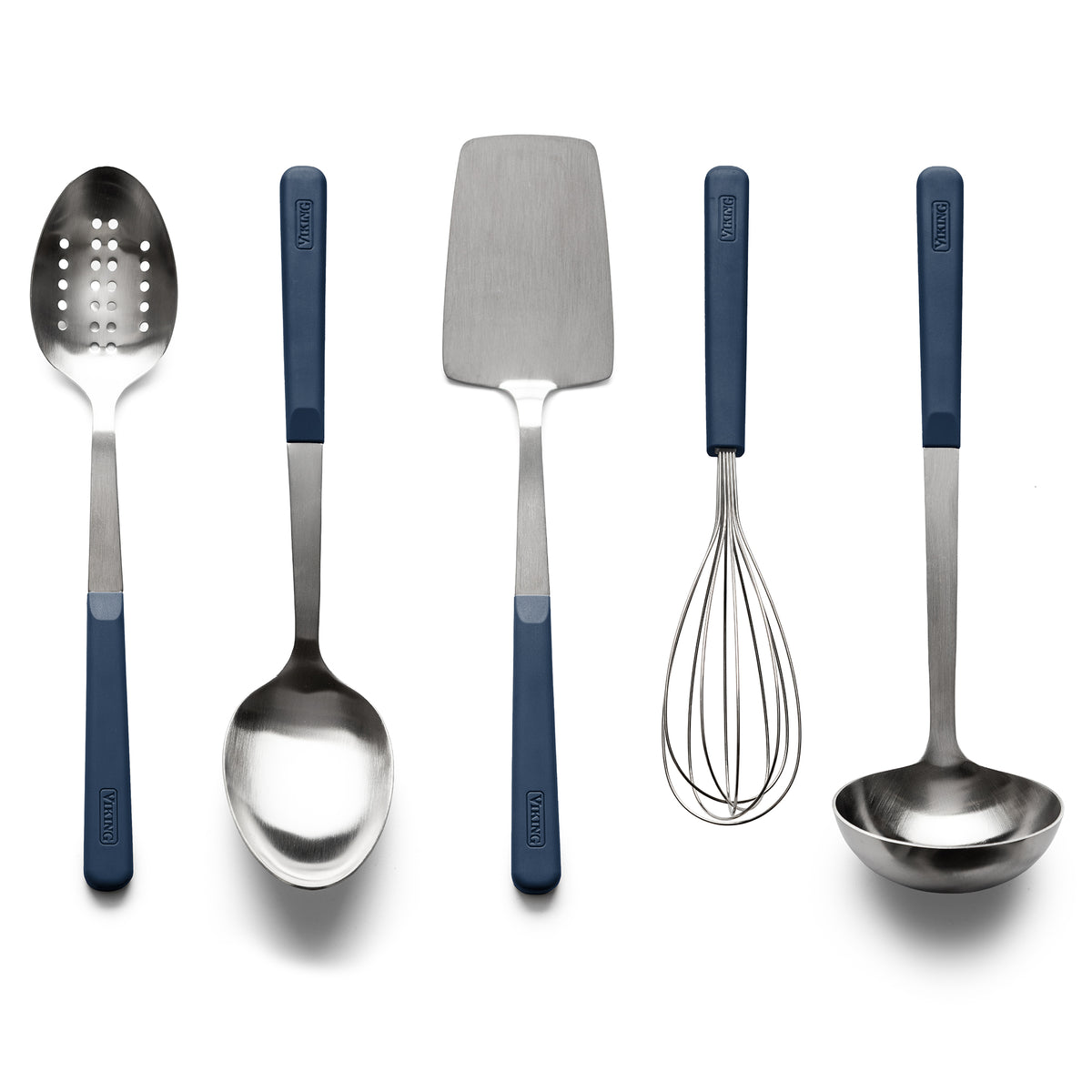 Viking ABS Handle 5pc Tool Seet, Slate Blue, featuring five stainless steel kitchen utensils with ergonomic handles: a slotted spoon, solid spoon, spatula, whisk, and ladle.