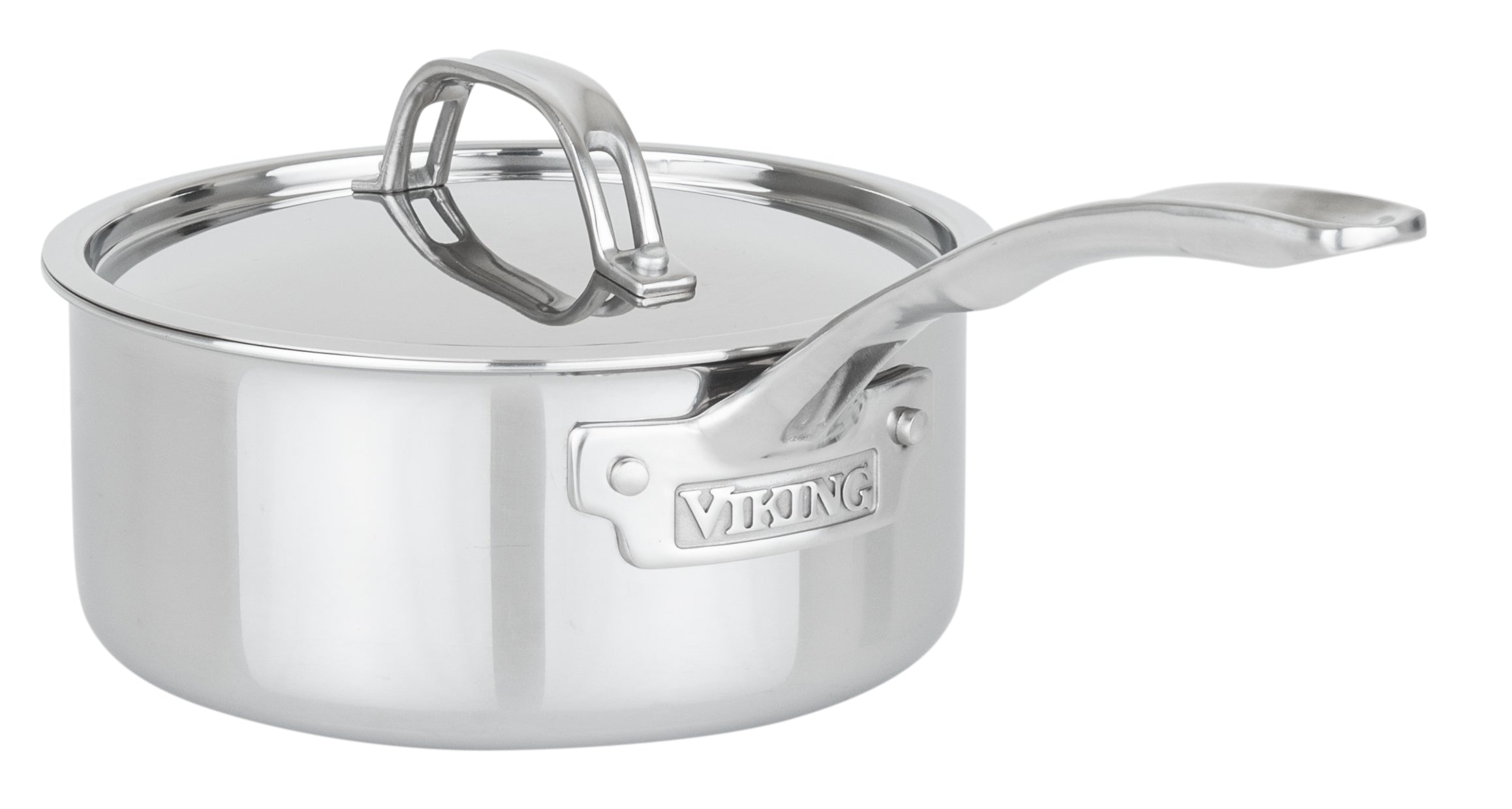 The Viking PureGlide Pro 3-Ply 2-Quart Sauce Pan by Viking Culinary Products features shiny stainless steel, a matching metal lid, a curved handle, and a branded metal plate on the side.