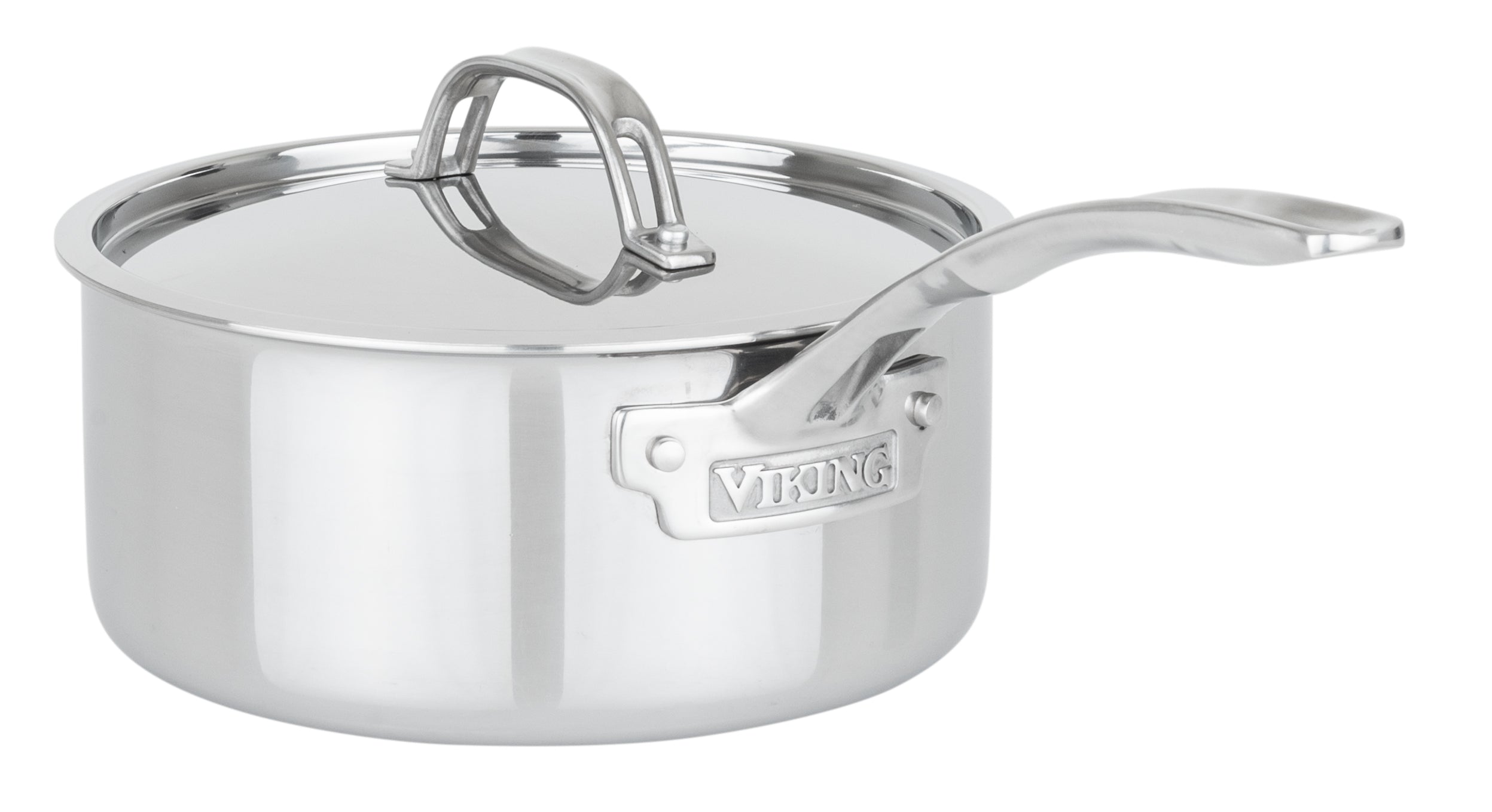 The Viking PureGlide Pro 3-Ply 3-Quart Sauce Pan by Viking Culinary Products features a polished stainless steel finish, matching metal lid, curved handle, and engraved branding on the side, shown on a white background.