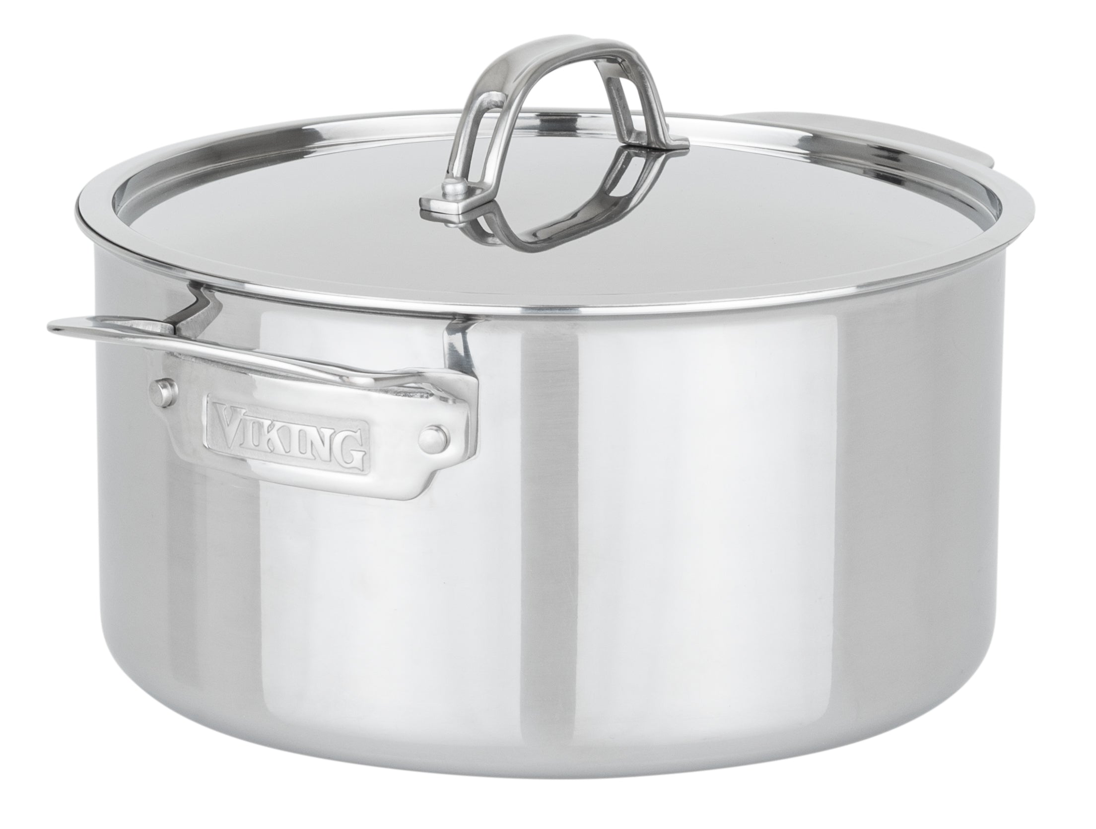 The Viking Culinary Products PureGlide Pro 3-Ply 6-Quart Dutch Oven with metal lid and sturdy handles is displayed on a white background.