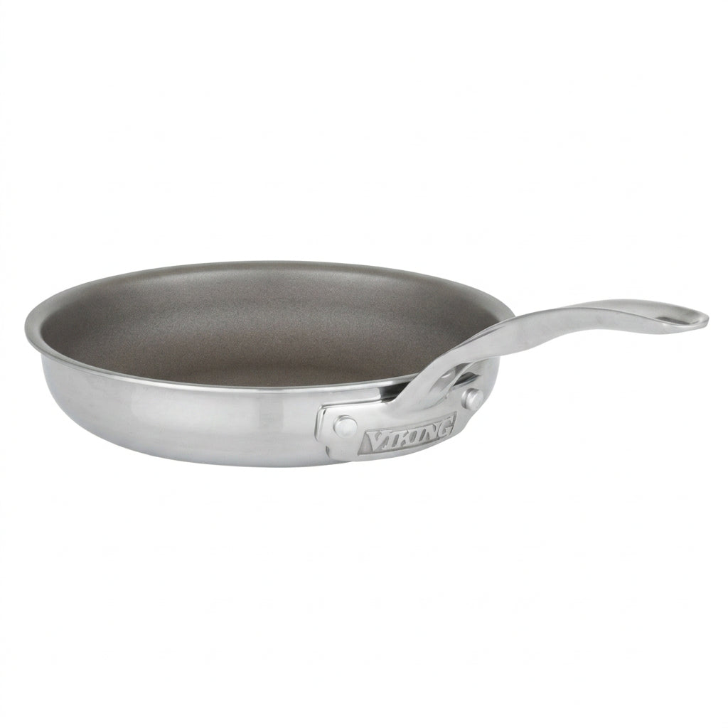 The Viking Culinary Products PureGlide Pro 3-Ply 8 Inch Fry Pan features a stainless steel body, curved handle branded with “Viking,” and nonstick interior for healthy cooking, displayed on a white background.