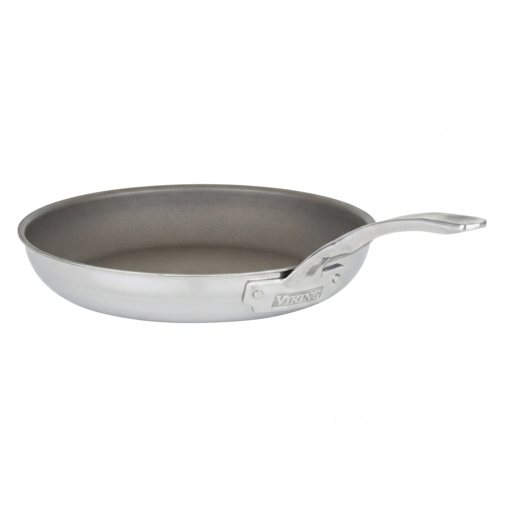 The Viking Culinary Products PureGlide Pro 3-Ply 12 Inch Fry Pan is shown on a white background, featuring a stainless steel body, metal handle, and smooth nonstick interior for healthy cooking.