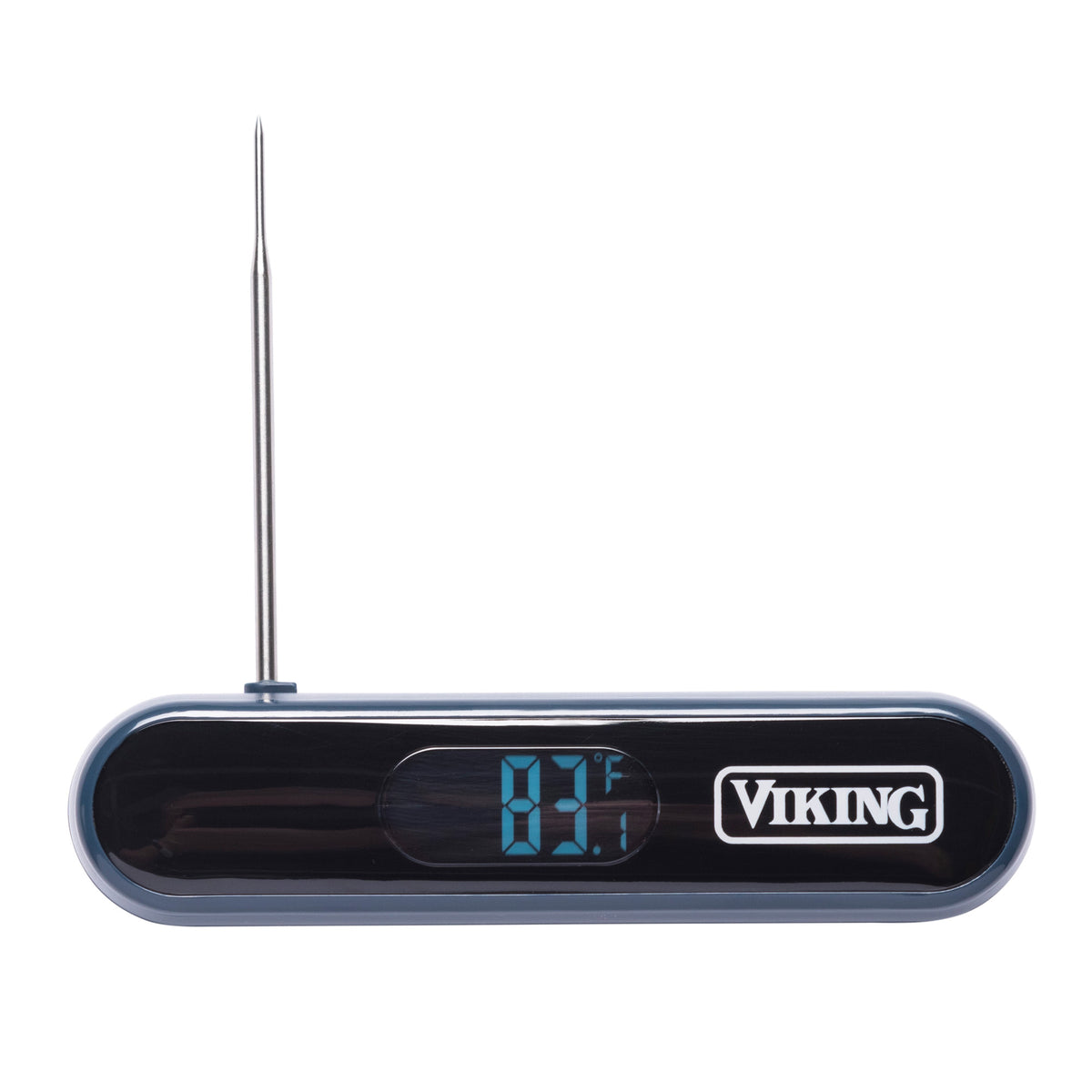 The Viking 3-Ply Stainless Steel Roaster with Rack and Bonus Digital Thermometer by Viking Culinary Products features a blue-screen thermometer reading 83°F, ideal for precise roasting. The brand name is on the right side of the device.