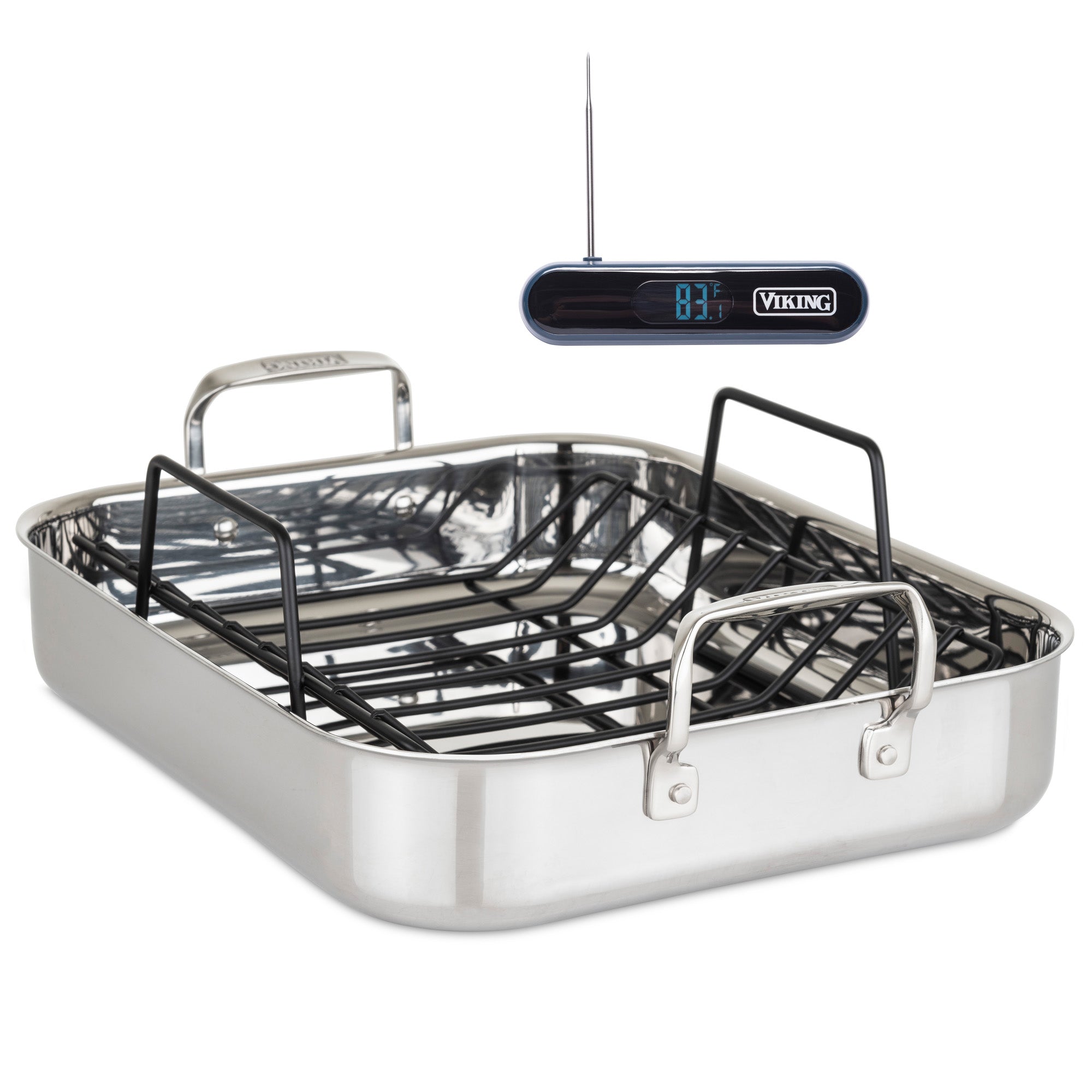 The Viking Culinary Products 3-Ply Stainless Steel Roaster with handles, removable rack, and bonus digital thermometer (displaying 87°F), is shown featuring the Viking logo.