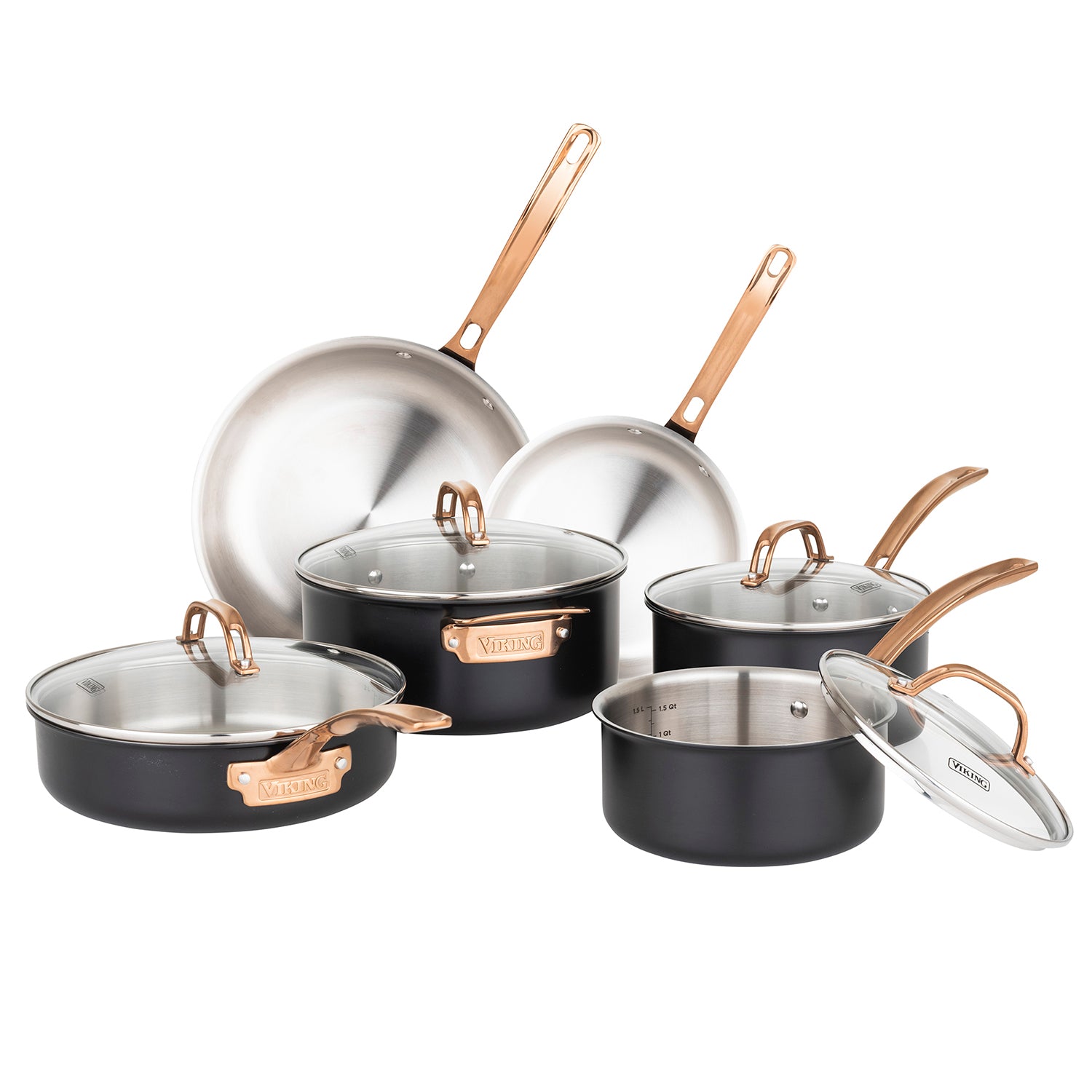 The Viking 10pc 3-Ply Black & Copper Stainless Steel Cookware Set by Viking Culinary Products features PFAS-free cookware, including frying pans and lidded saucepans with copper handles and black exteriors, displayed on a white background.