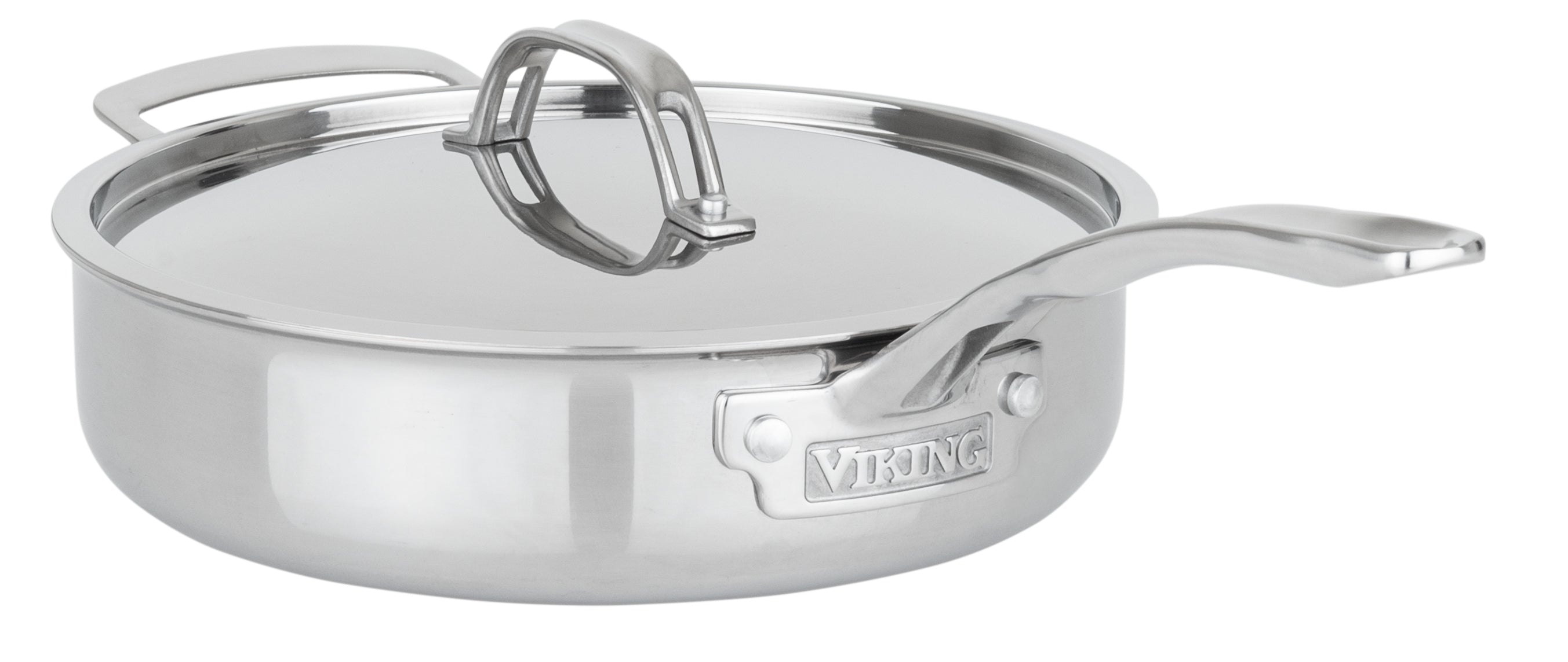 The Viking PureGlide Pro 3-Ply 4.5-Quart Saute Pan by Viking Culinary Products features stainless steel, a metal lid, a long handle, a loop handle on the opposite side, and "Viking" engraved on the side.