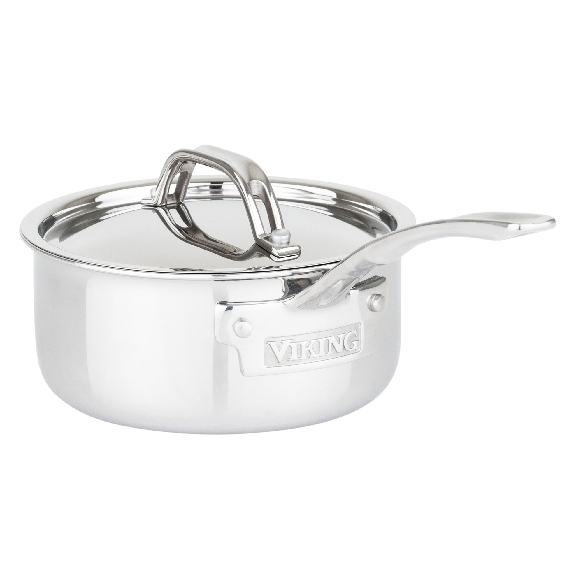 The Viking Culinary Products 3-Ply Stainless Steel 10-Piece Cookware Set with Metal Lids is induction compatible and a sleek, durable addition to any kitchen, featuring the Viking name engraved on each piece.