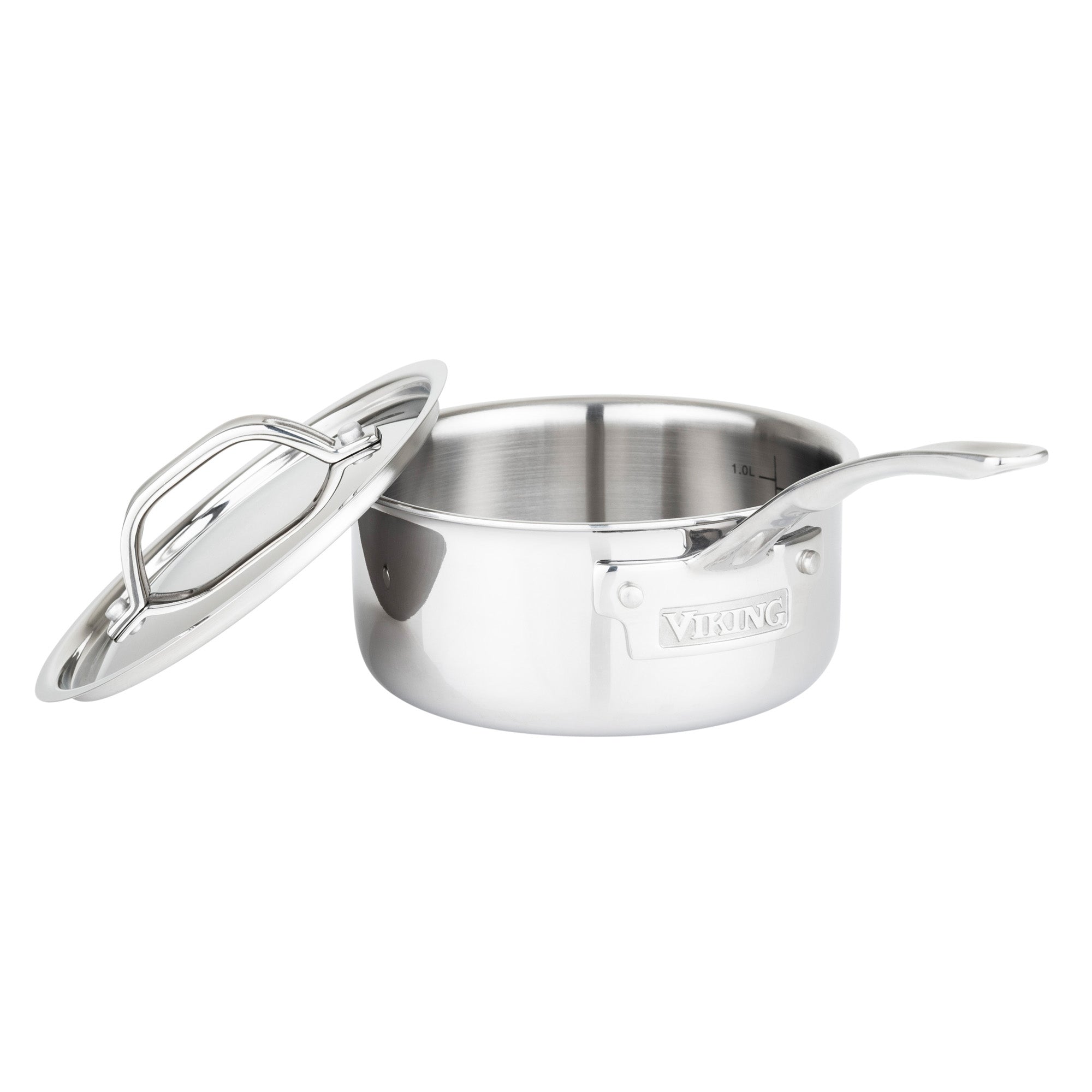 The Viking Culinary Products 3-Ply Stainless Steel Saucepan, part of a 10-piece set, has a long handle, matching metal lid upright beside it, is induction compatible, and features the Viking logo on its side.