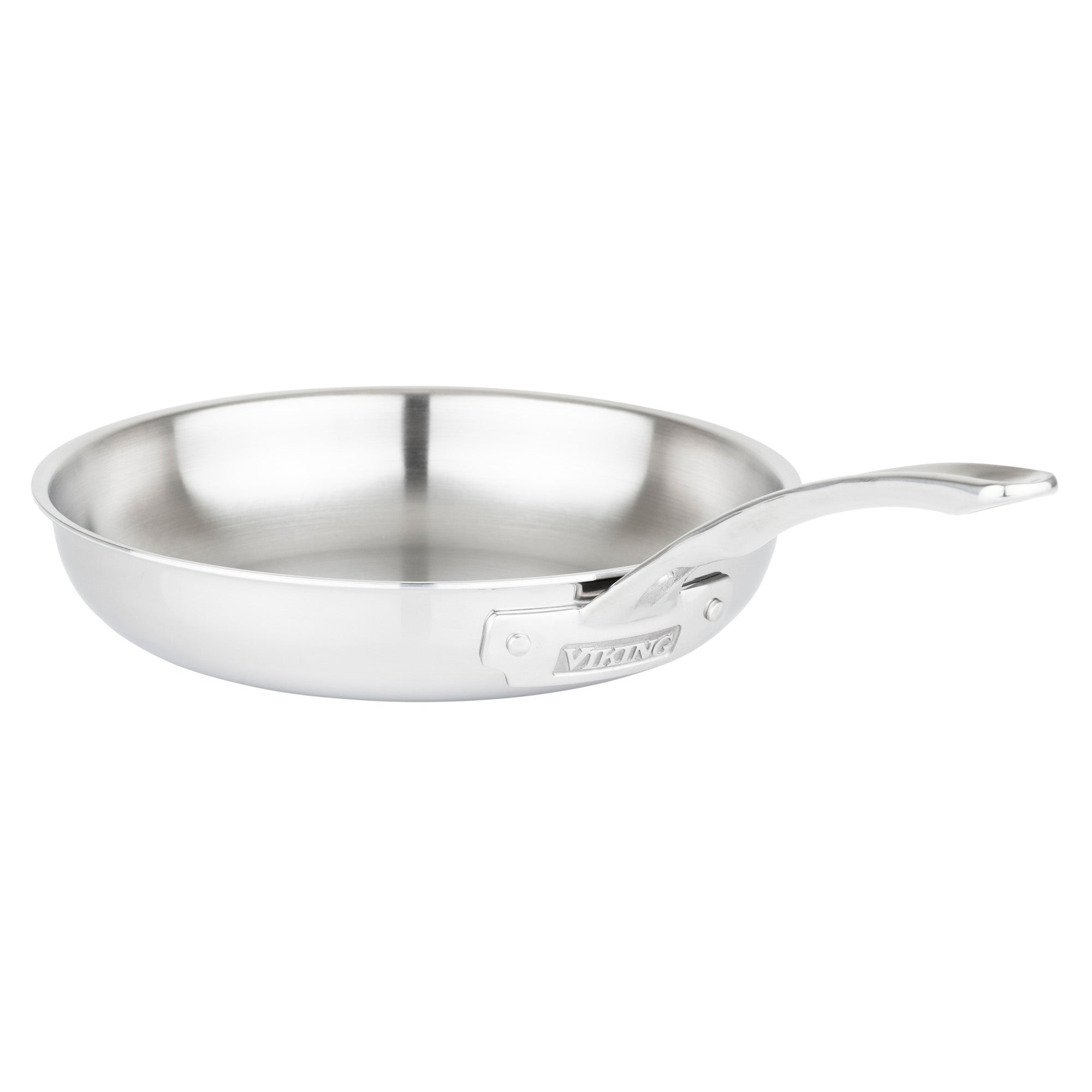 The Viking 3-Ply Stainless Steel 10-Piece Cookware Set by Viking Culinary Products includes a frying pan with a long, curved handle, polished surface, flat base, and induction compatibility, shown on a white background. Comes with metal lids.