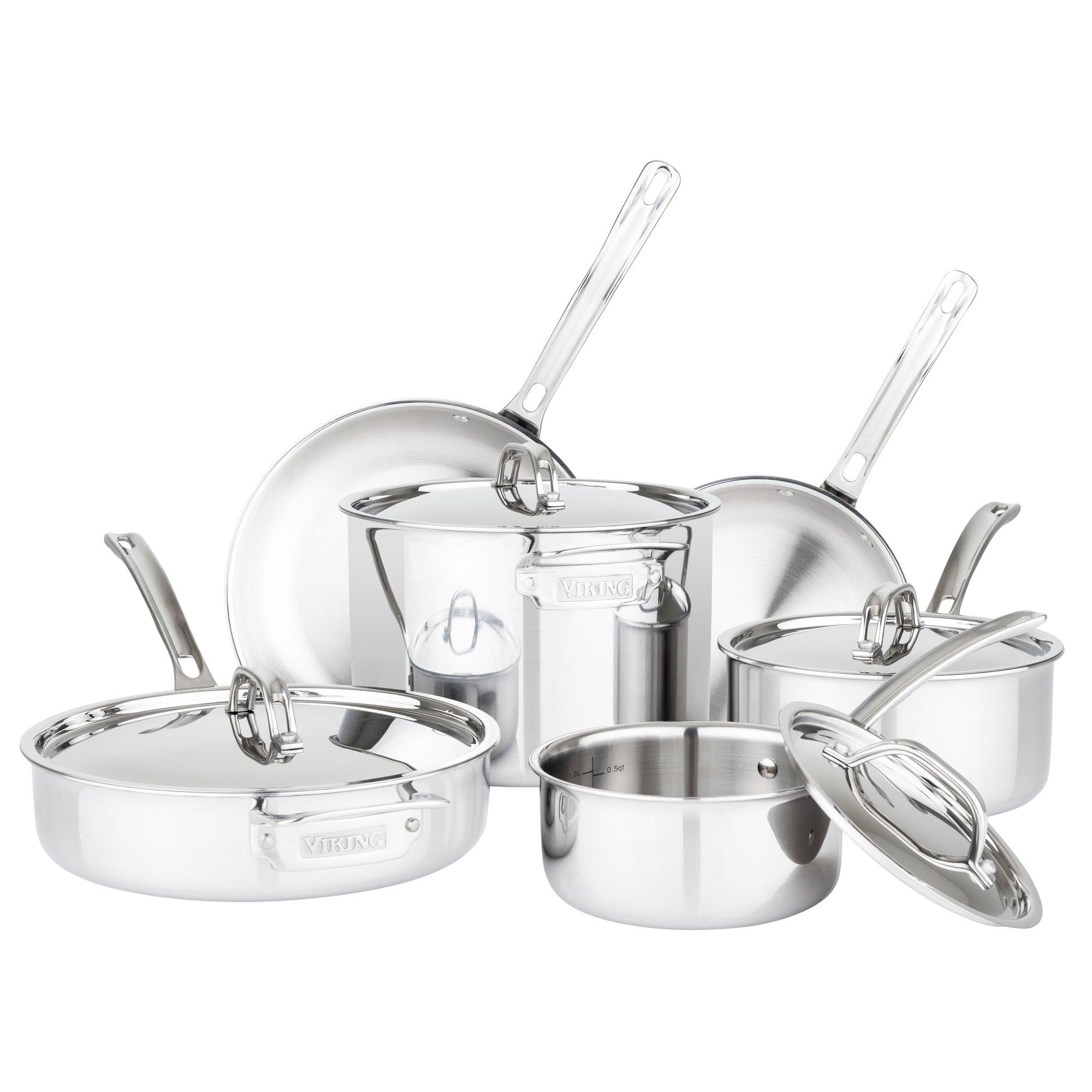 The Viking 3-Ply Stainless Steel 10-Piece Cookware Set by Viking Culinary Products features induction-compatible pots, pans, and metal lids with sturdy handles, all displayed against a white background.