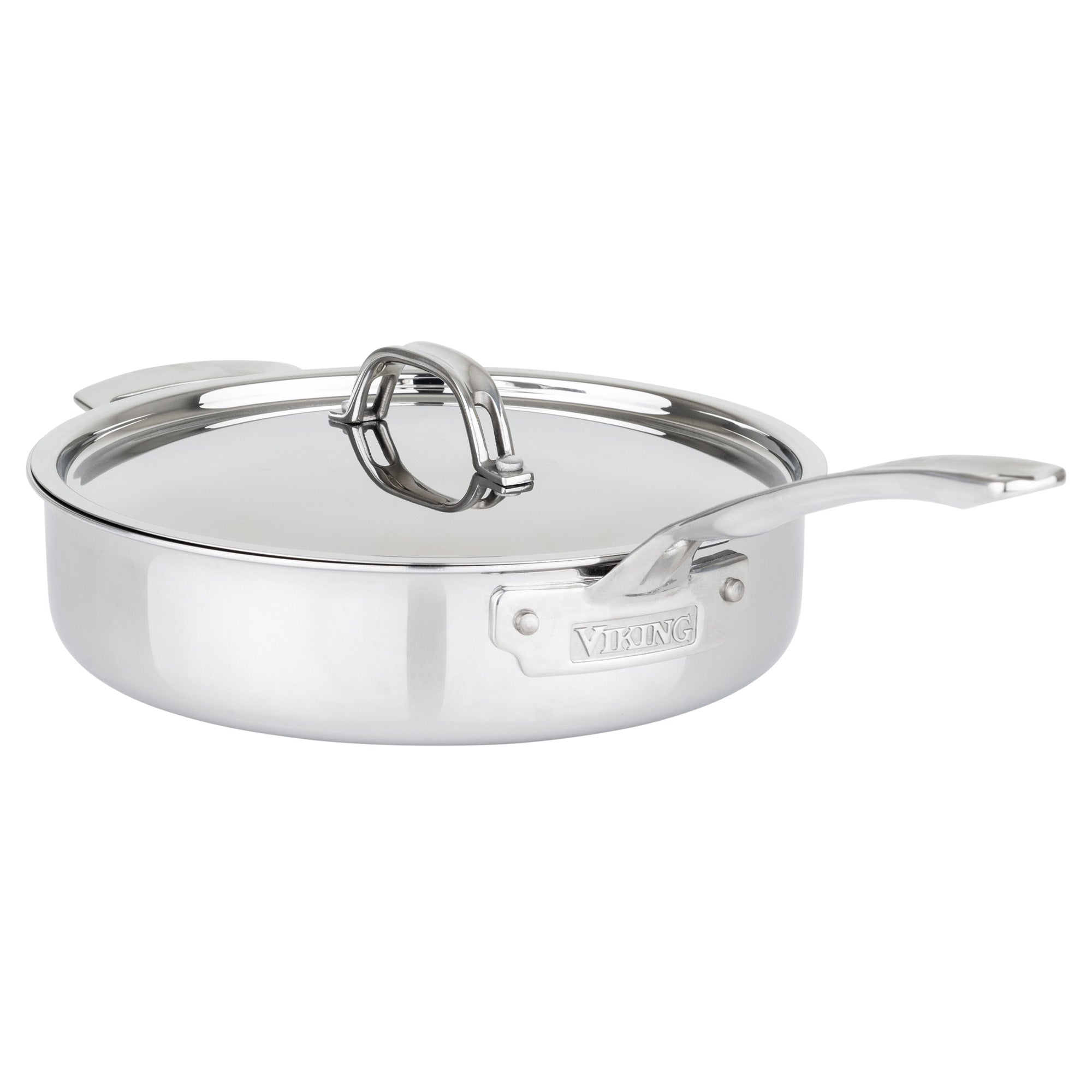 The Viking Culinary Products 3-Ply Stainless Steel 10-Piece Cookware Set includes metal lids and versatile, induction-compatible pans with long and helper handles, shown on a white background—ideal for any kitchen.
