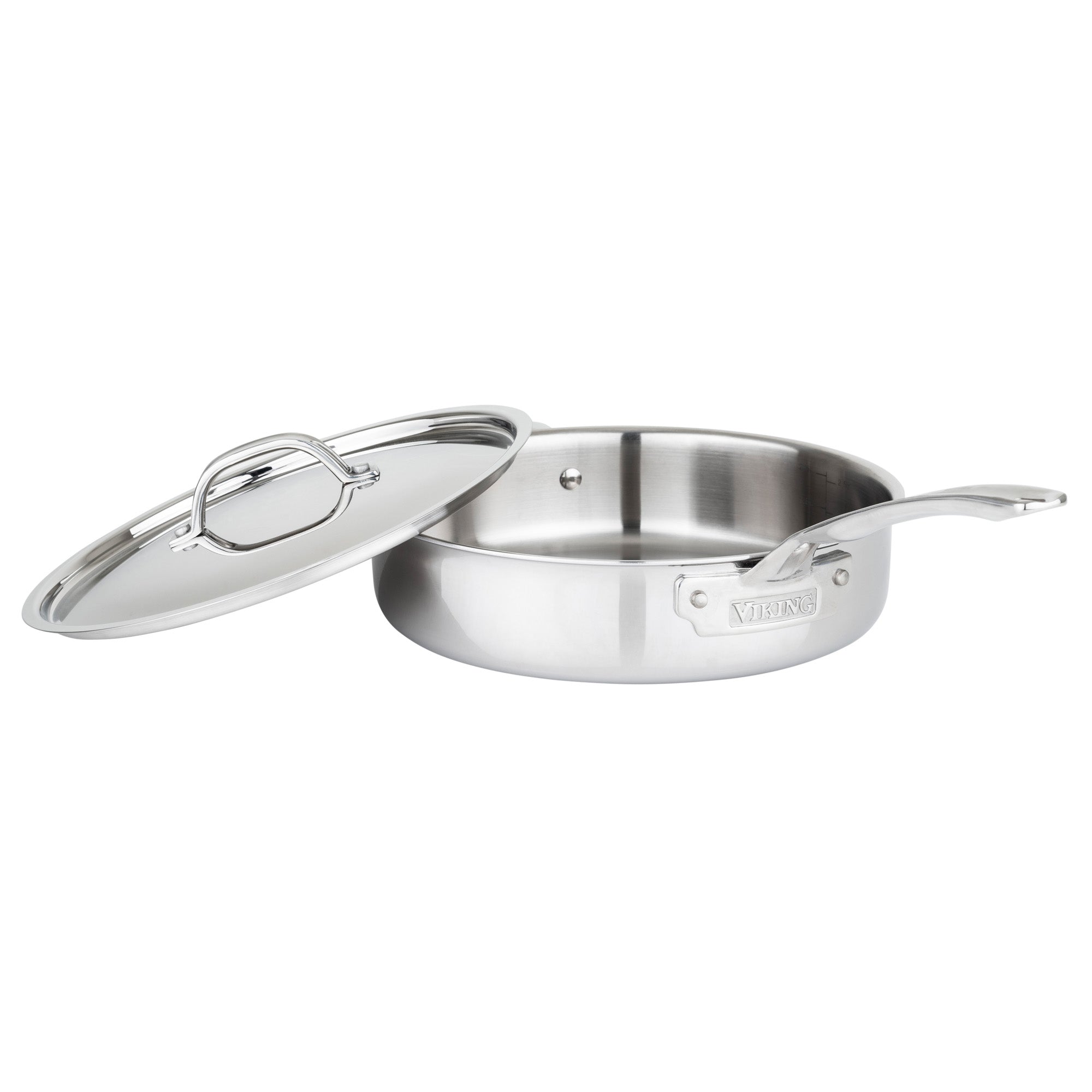 The Viking Culinary Products 3-Ply Stainless Steel 10-Piece Cookware Set features induction compatibility, metal lids, and long handles—displayed with a lid set slightly ajar against a white background.