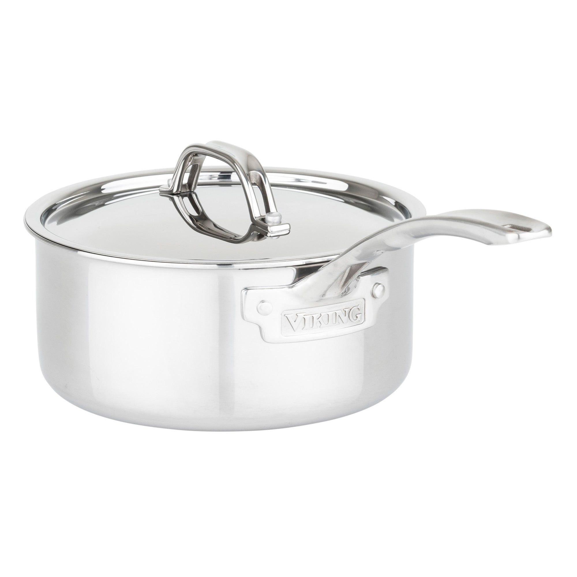 The Viking 3-Ply Stainless Steel 10-Piece Cookware Set with Metal Lids by Viking Culinary Products features shiny stainless steel saucepans with matching lids, curved handles, and induction compatibility for versatile cooking.