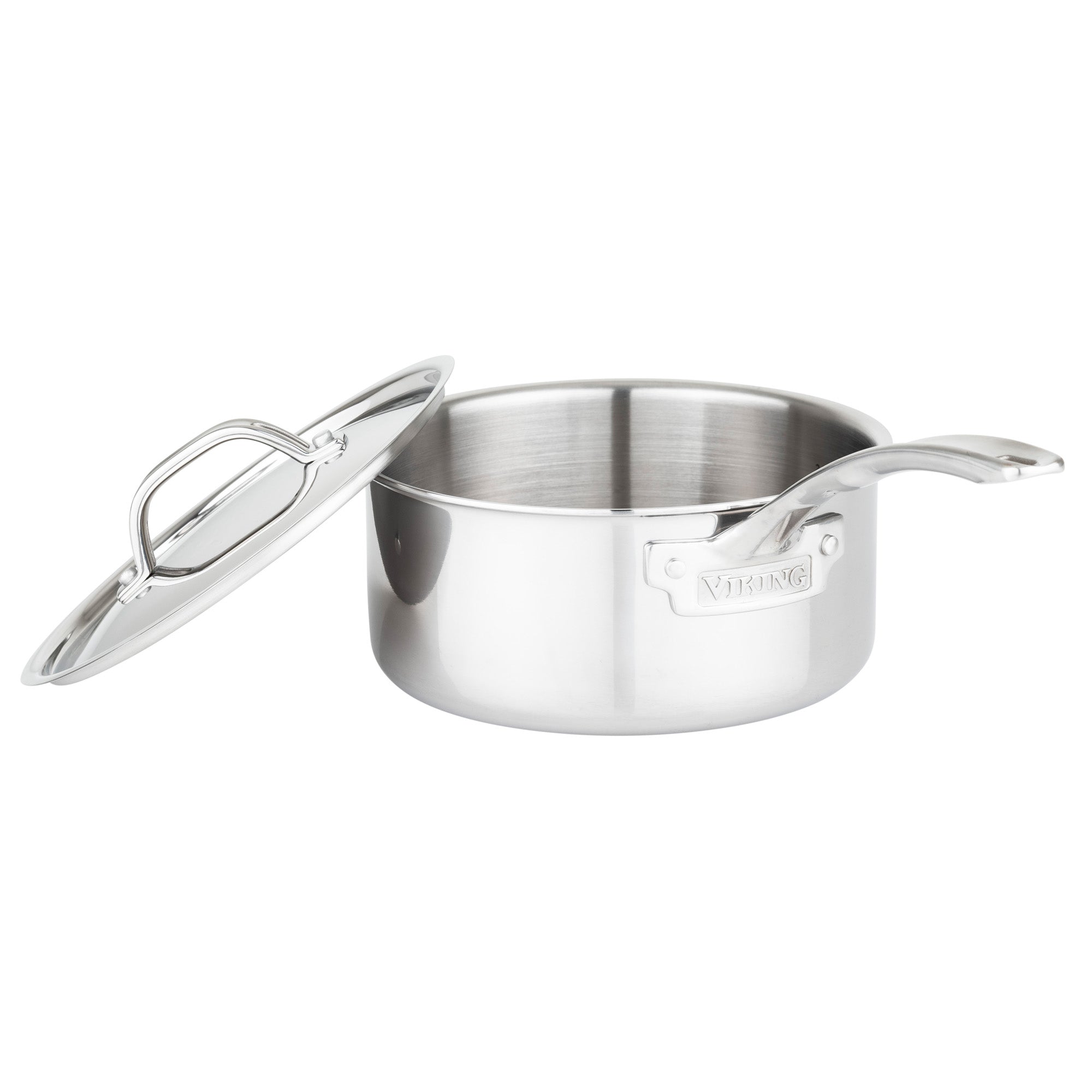 The Viking Culinary Products 3-Ply Stainless Steel Saucepan, from the 10-Piece Cookware Set with metal lids, features a long handle, matching lid, side plaque, and is induction compatible for versatile cooking.