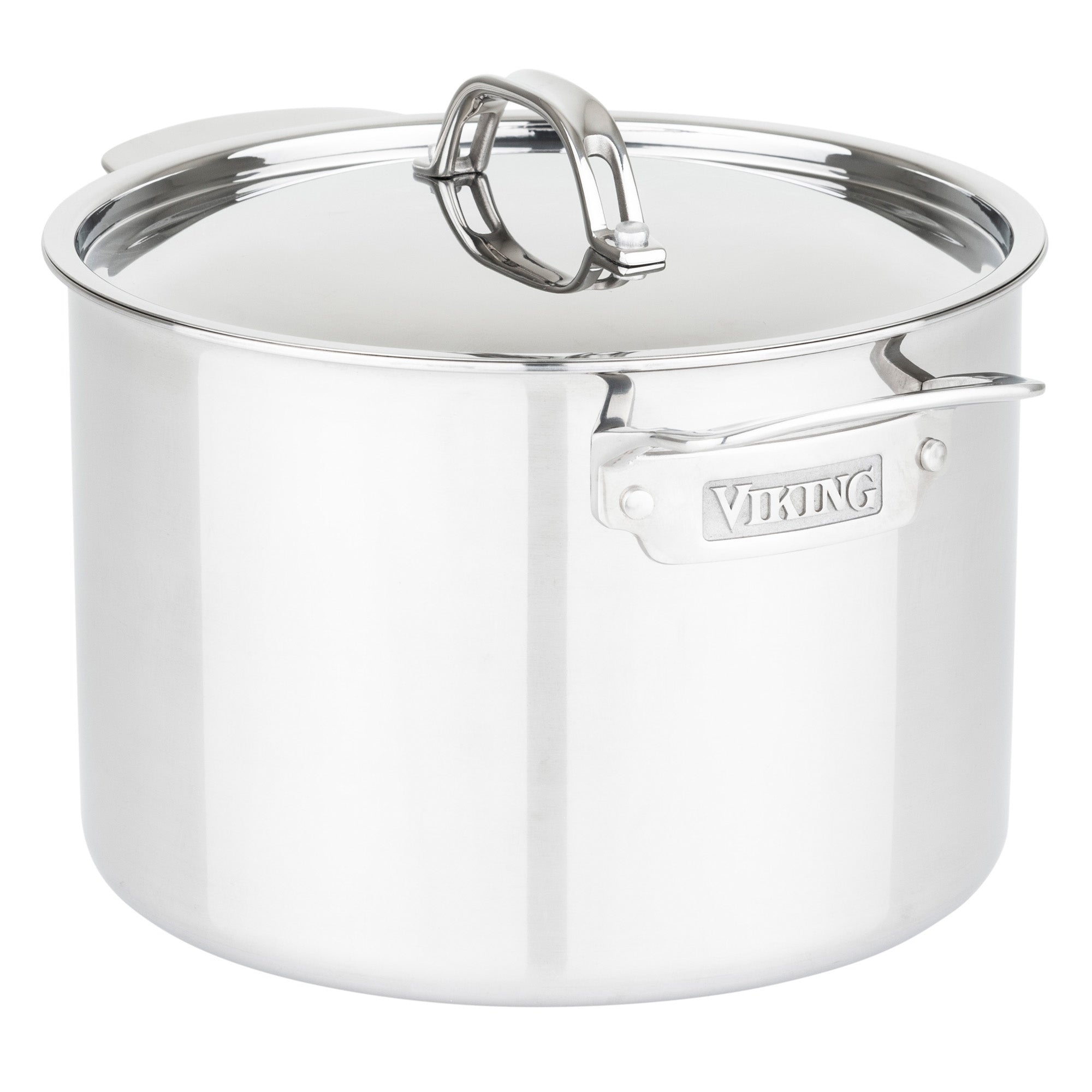 The Viking Culinary Products 3-Ply Stainless Steel 10-Piece Cookware Set includes metal lids, sturdy handles, and induction compatibility—engraved with the Viking brand for versatile use in any kitchen.