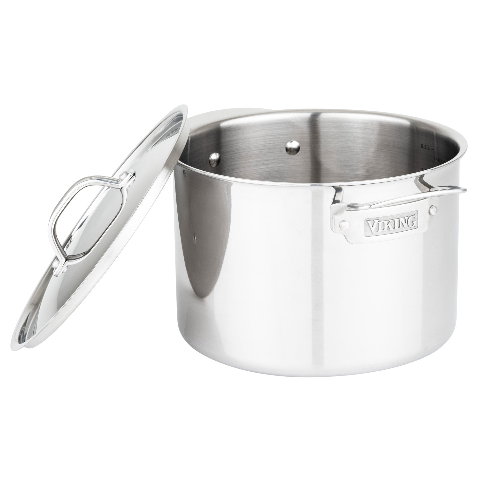 The Viking 3-Ply Stainless Steel 10-Piece Cookware Set from Viking Culinary Products features shiny pots with dual handles, metal lids, and “Viking†engraved on a handle. The set is induction compatible for versatile cooking.