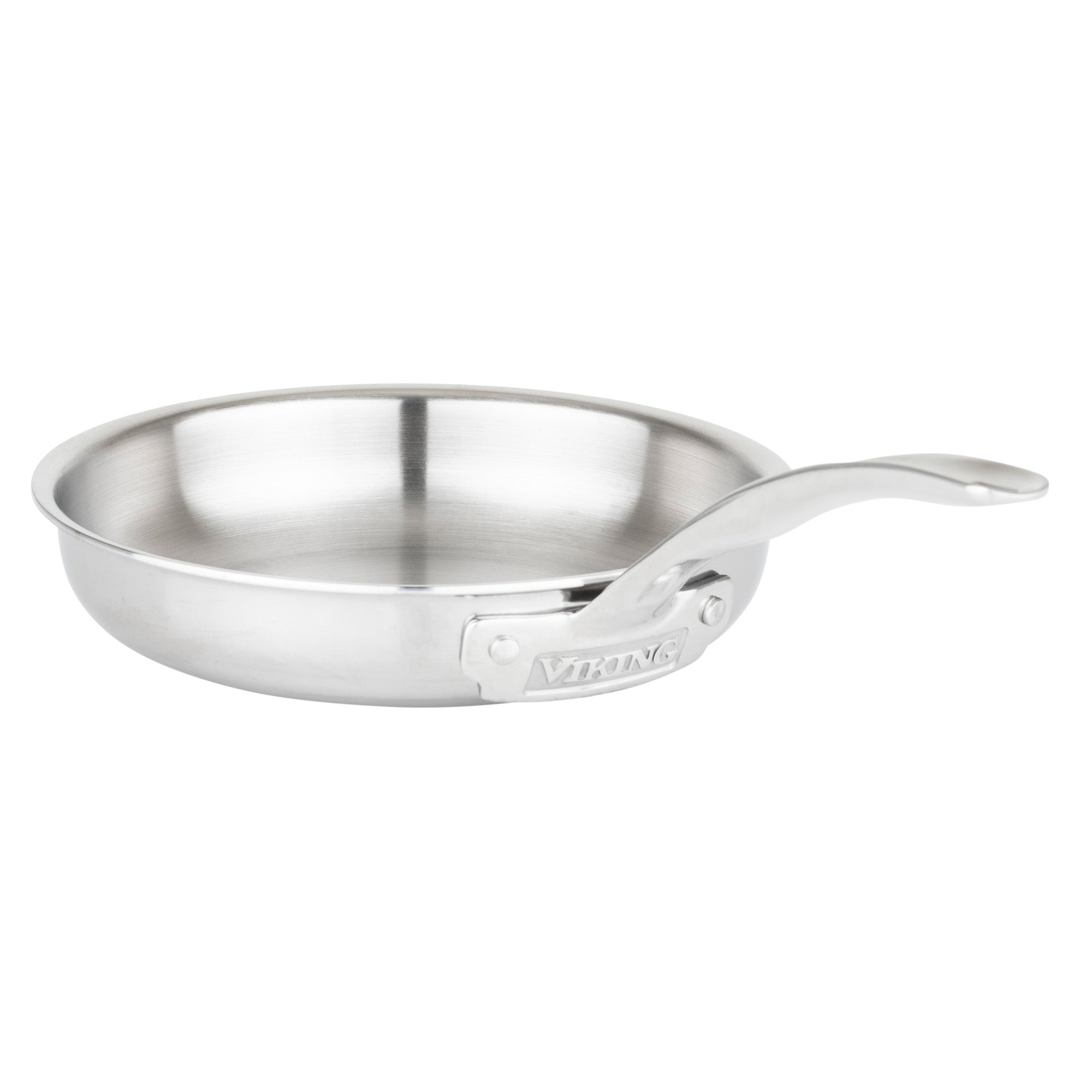 A Viking Culinary Products 3-Ply Stainless Steel frying pan, shown from the side on a white background, features a long curved handle engraved with Viking and is induction compatible. Part of the 10-piece set with metal lids.