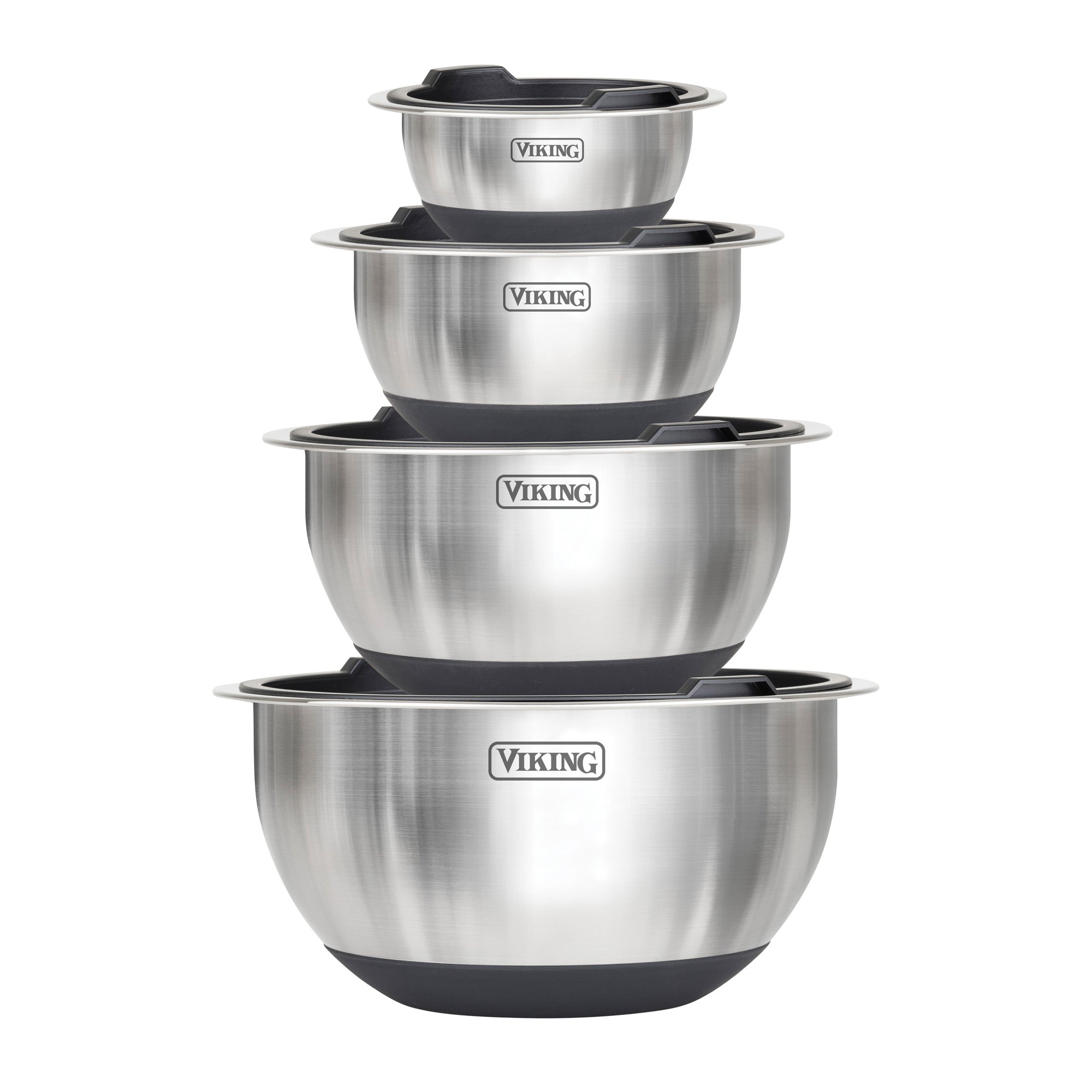 The Viking Culinary Products 8-Piece Stainless Steel Mixing Bowl Set with Lids features bowls with black silicone bases and Viking logos, shown nested together on a white background.