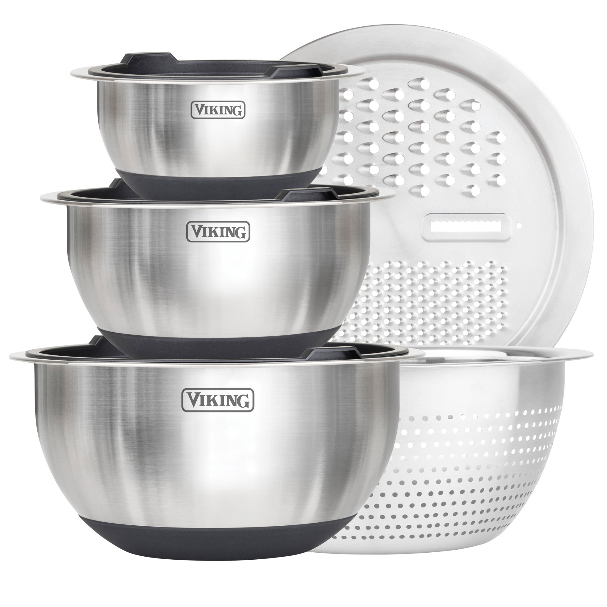 The Viking Culinary Products 8-Piece Stainless Steel Mixing Bowl Prep Set with black bases includes three bowls, a round slicer & grater, and a perforated strainer, all shown stacked together on a white background.