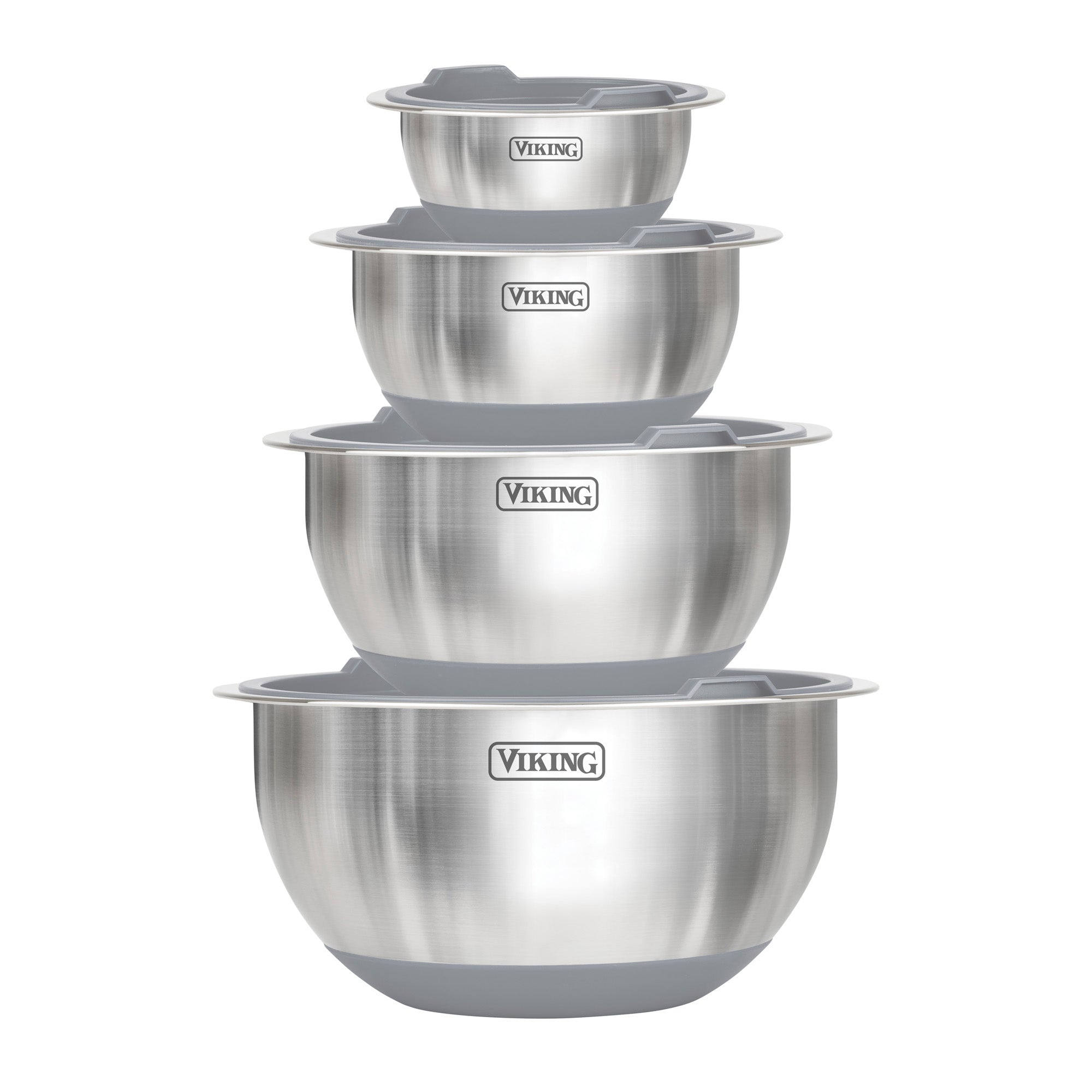 The Viking 8-Piece Stainless Steel Mixing Bowl Set with Lids by Viking Culinary Products features stackable bowls in various sizes, each with non-slip bases, handles, and graduated measurements, shown against a white background.