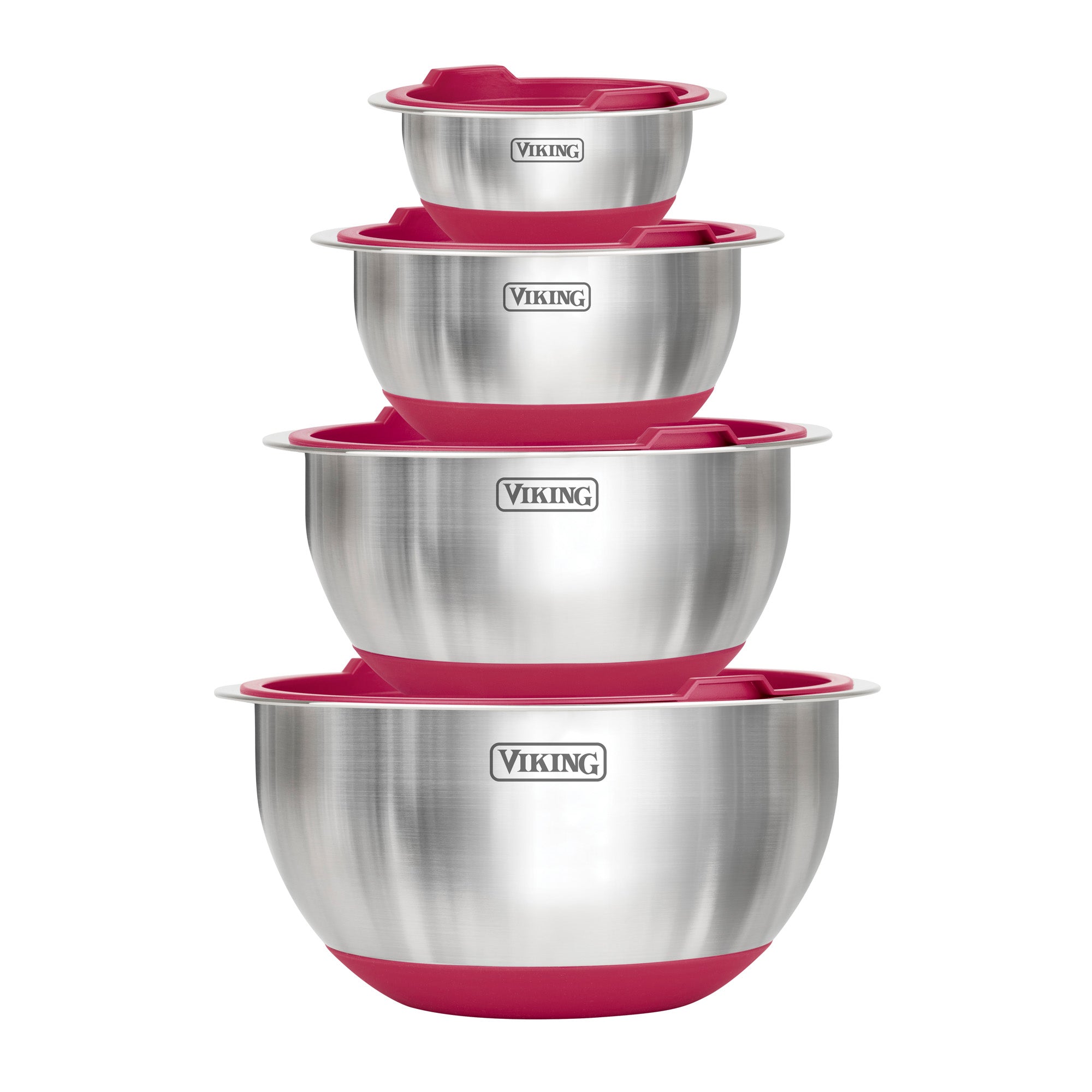 The Viking 8-Piece Stainless Steel Mixing Bowl Set with Lids from Viking Culinary Products includes four dishwasher-safe bowls with red non-slip bases and rims, stackable for storage. Each bowl displays the Viking logo on the front.