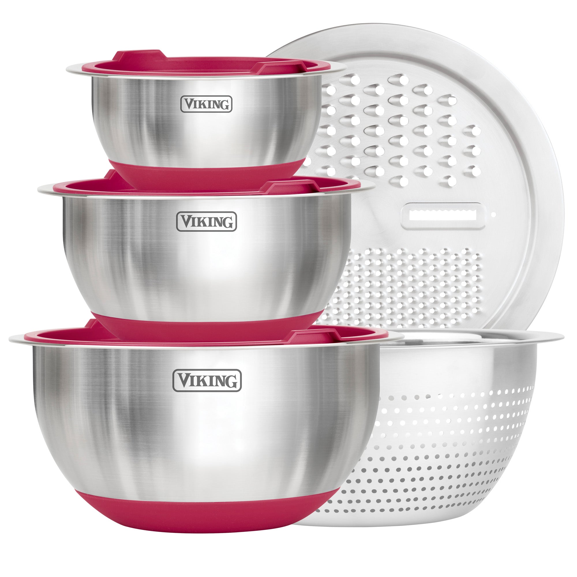 Three Viking Culinary Products stainless steel mixing bowls with red bases and lids are stacked, with a strainer, grater, and Dual Slicer & Grater Lid from the 8-piece Viking Prep Set displayed behind them on a white background.