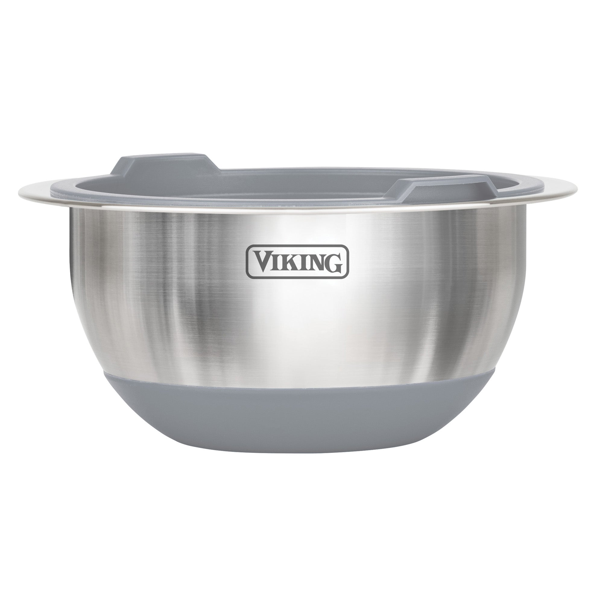 The Viking 8-Piece Stainless Steel Mixing Bowl Set with Lids by Viking Culinary Products features a gray non-slip base, handles, graduated measurements, and the Viking logo on the side.