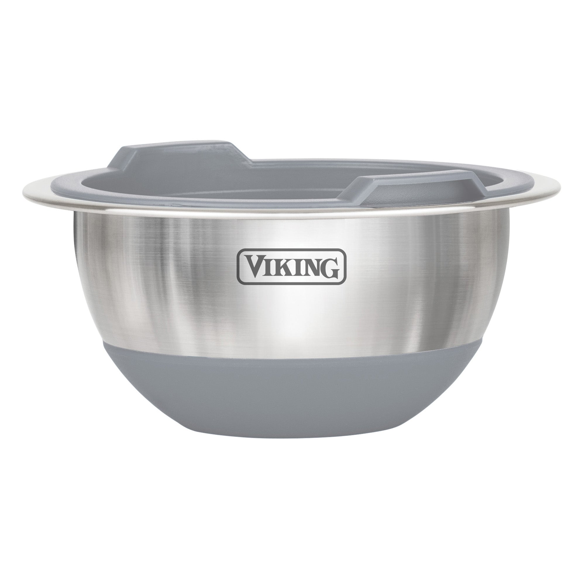 The Viking Culinary Products 8-Piece Stainless Steel Mixing Bowl Set with Lids features graduated measurements, a gray non-slip base and rim, shown here on a white background.