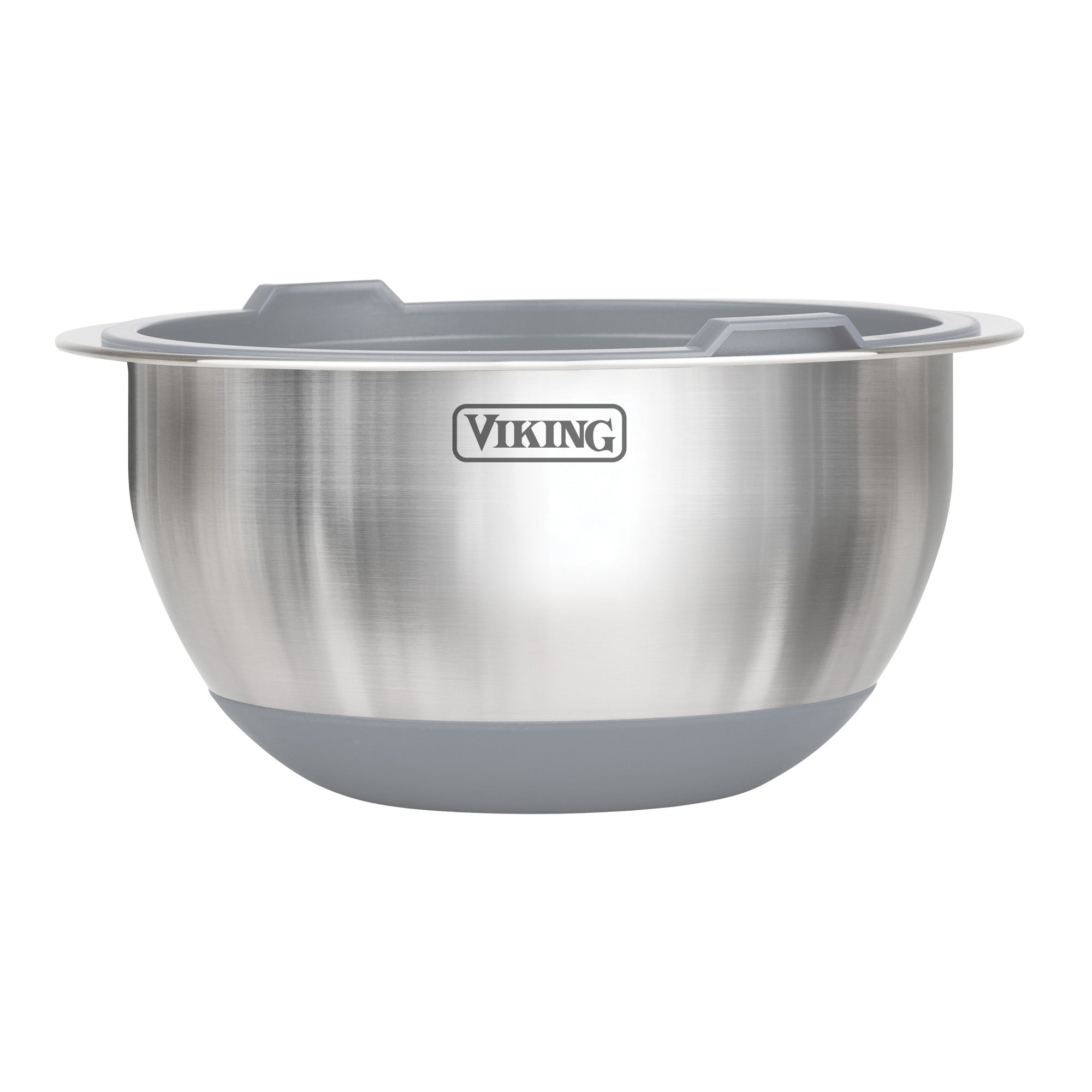 The Viking 8-Piece Stainless Steel Mixing Bowl Set with Lids features graduated measurements, a gray non-slip base, two rim handles, and the Viking Culinary Products logo on the side.
