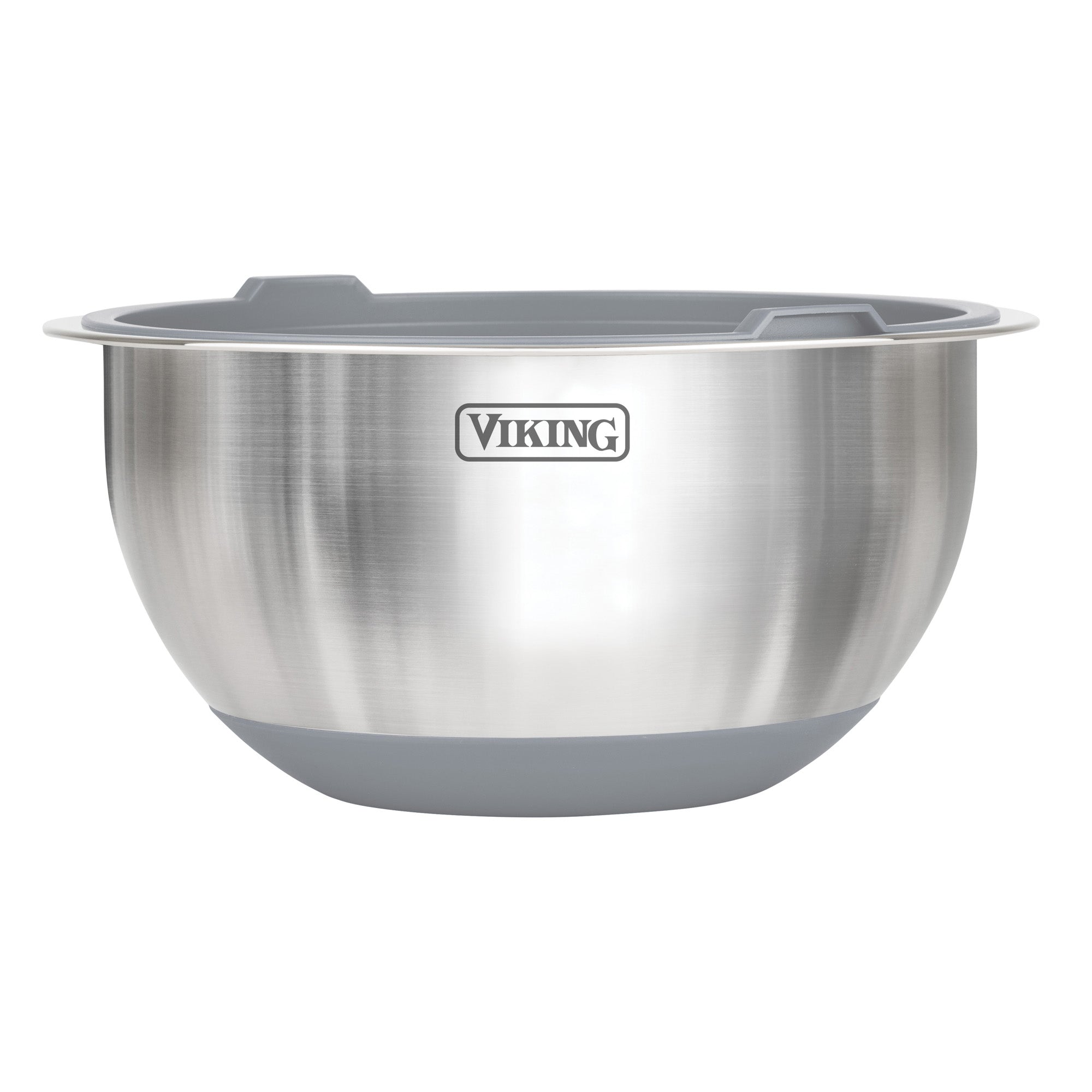 The Viking 8-Piece Stainless Steel Mixing Bowl Set with Lids by Viking Culinary Products features gray non-slip bases, handles, graduated measurements, and the Viking logo, shown isolated on a white background.