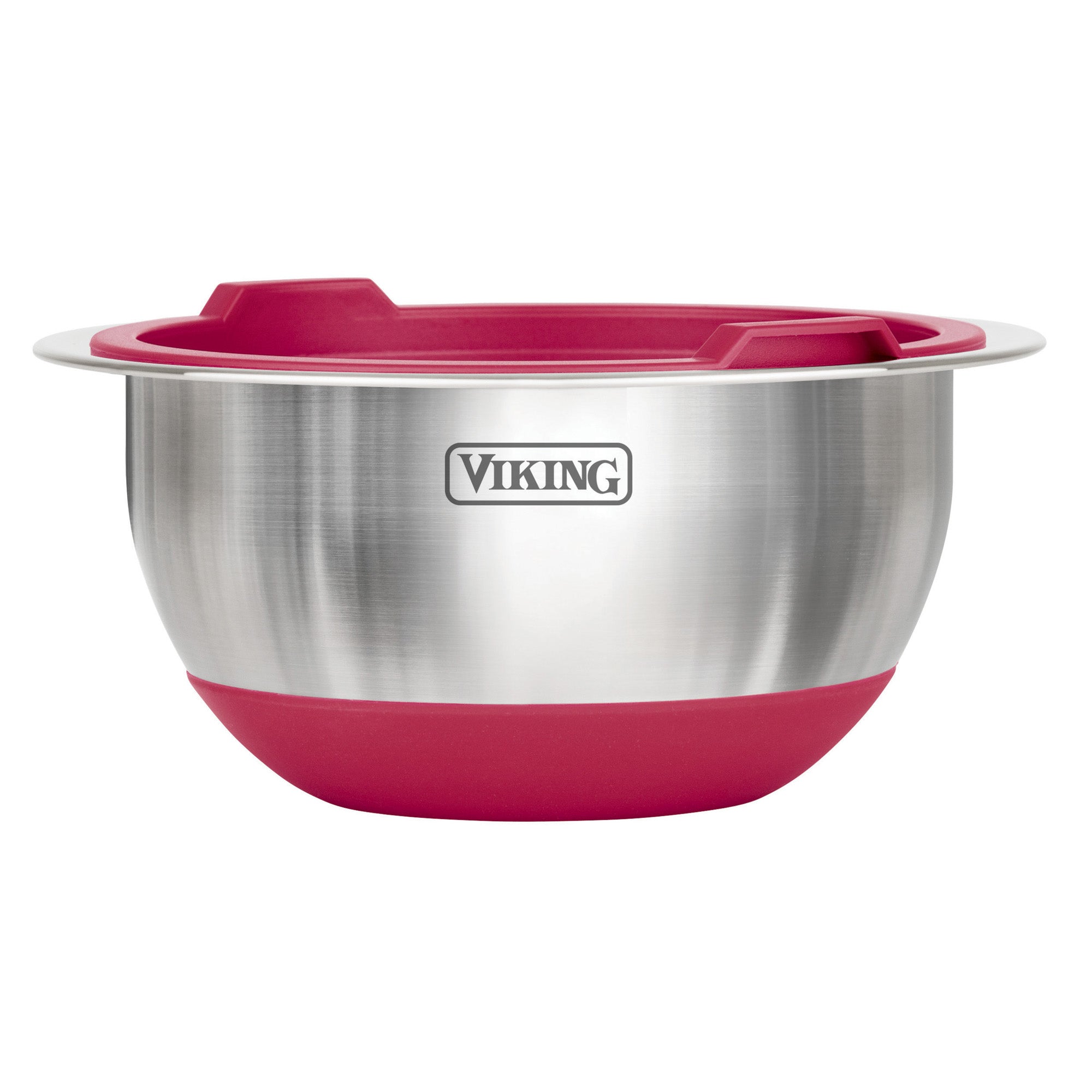 The Viking Culinary Products 8-Piece Stainless Steel Mixing Bowl Set features red silicone bases, red rims, lids, and the Viking logo on the front.