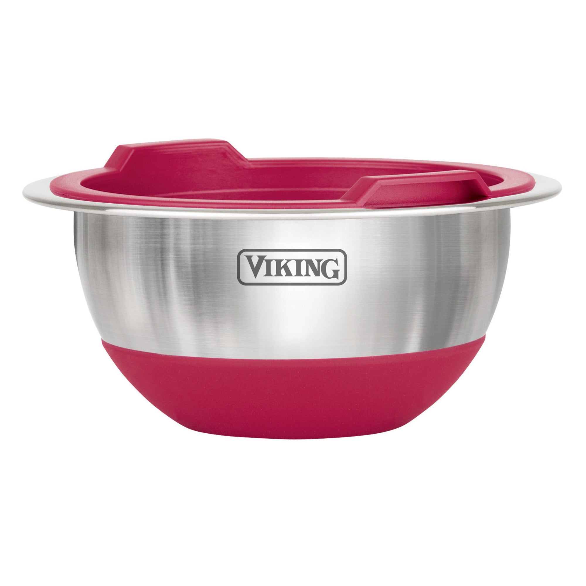 The Viking 8-Piece Stainless Steel Mixing Bowl Set with Lids, Red by Viking Culinary Products features red silicone bases and rim accents for stability and style. Shown on a white background, it’s part of our premium bowls collection.