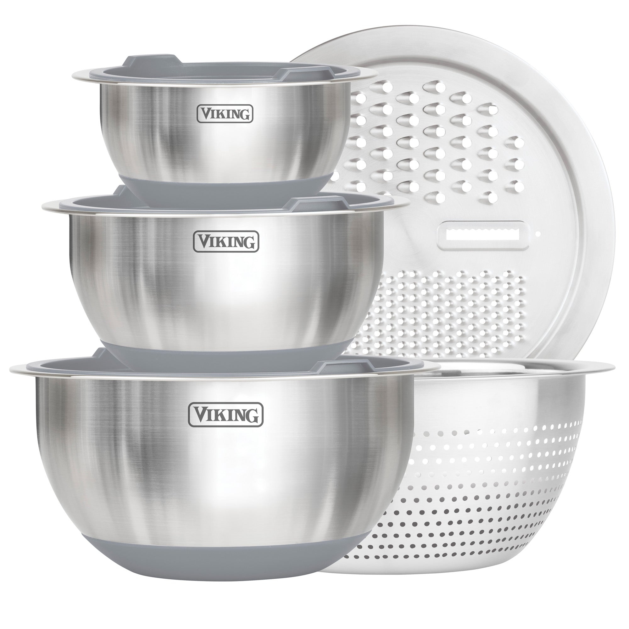 The Viking 8-Piece Stainless Steel Mixing Bowl Prep Set with Strainer and Cutting Lid by Viking Culinary Products features stacked bowls with gray non-slip bases, a slicer & grater lid, and a strainer for versatile kitchen prep.