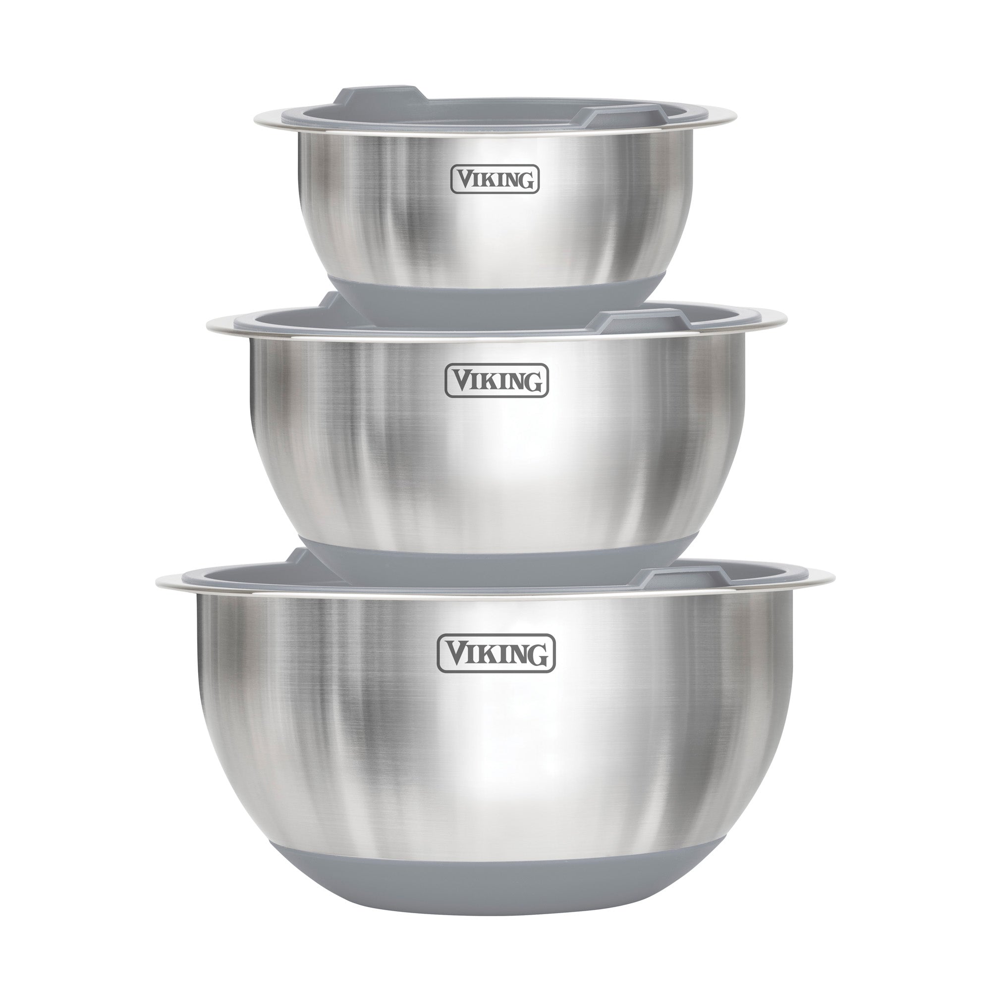 The Viking 8-Piece Stainless Steel Mixing Bowl Prep Set by Viking Culinary Products features stacked bowls in various sizes with gray non-slip bases, spouts, a strainer bowl for draining, and a cutting lid.