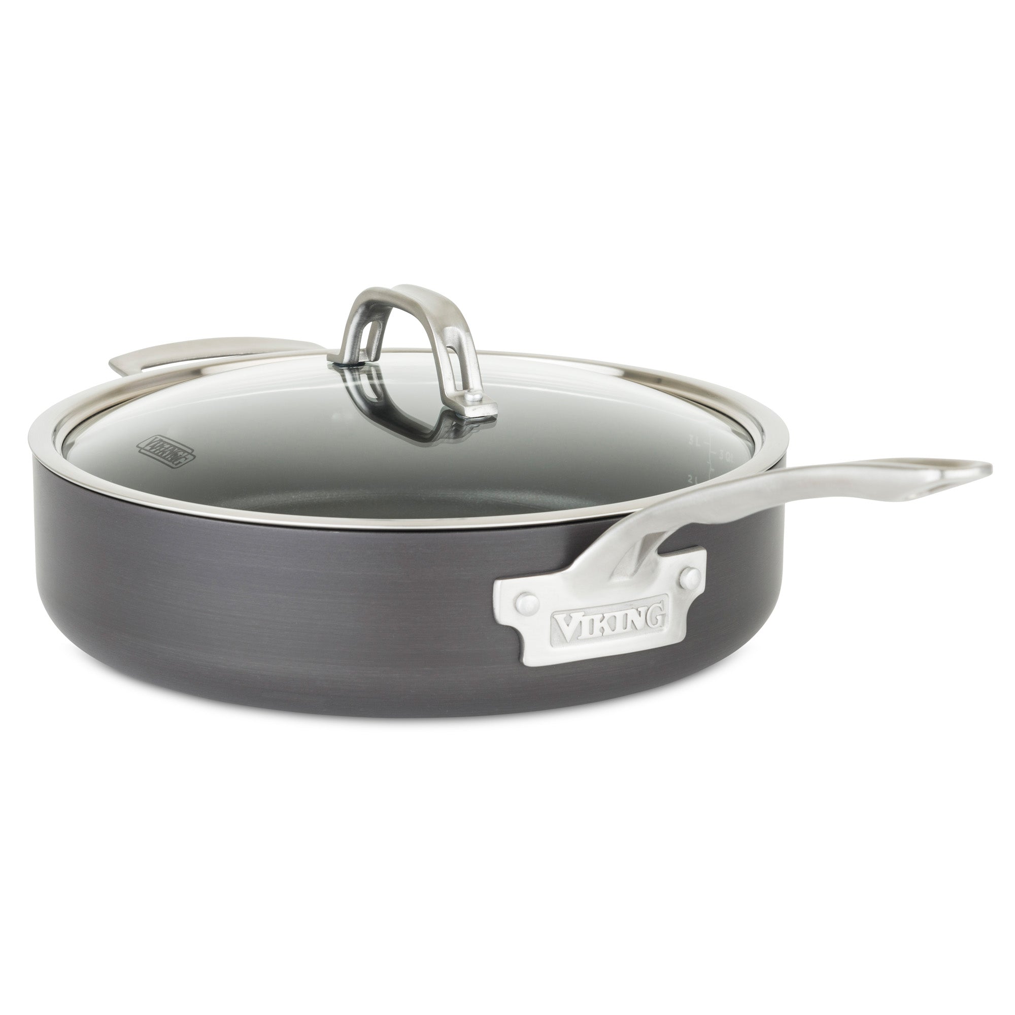 The Viking Culinary Products Hard Anodized Nonstick 15-Piece Cookware Set features gray pans with glass lids and metal handles, highlighted by a Viking logo on the side. Induction compatible, it combines modern style and lasting durability.