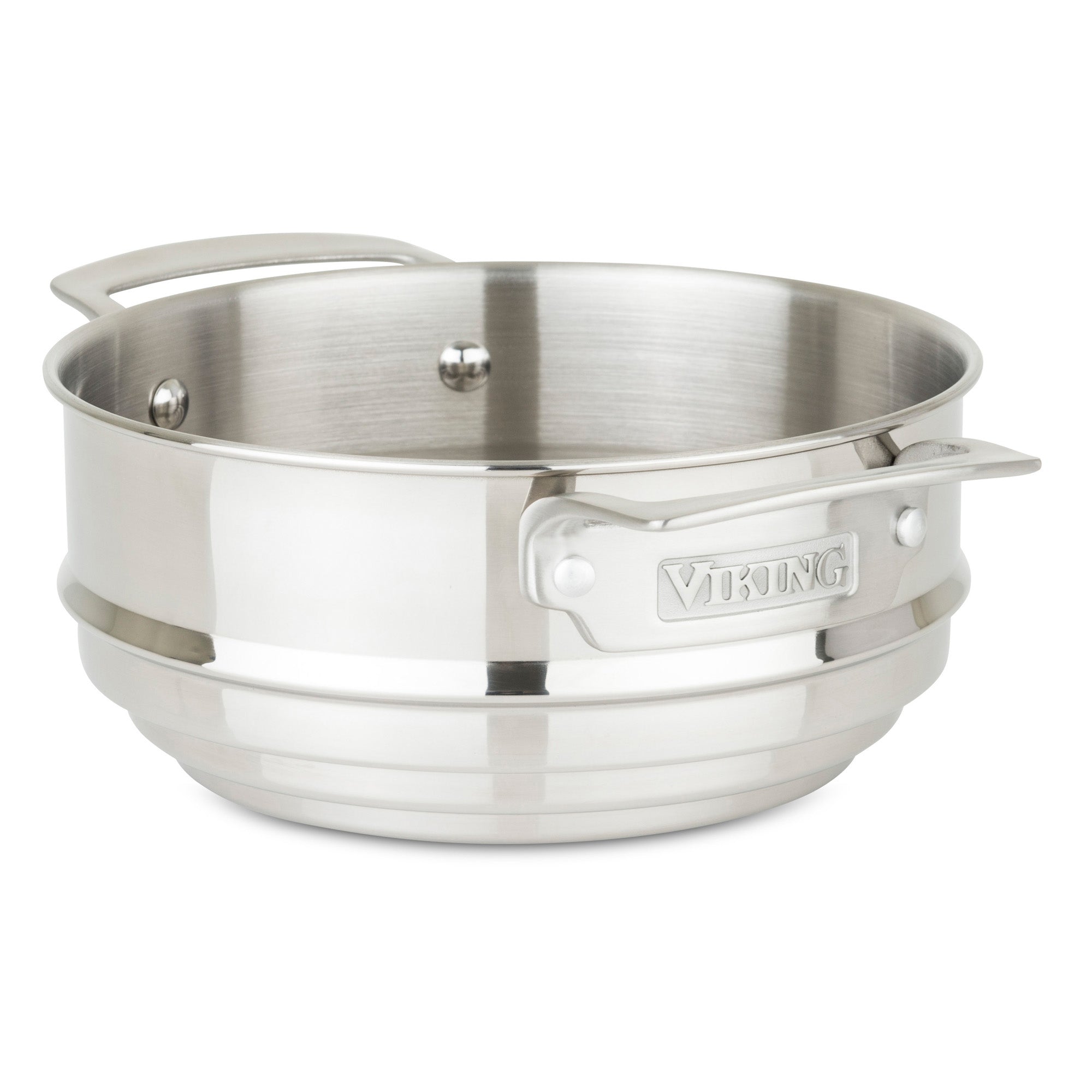 A Viking Culinary Products Hard Anodized Nonstick pot from the 15-piece set, with two handles and glass lid, is induction compatible and shown empty on a white background. Viking is engraved on the side.