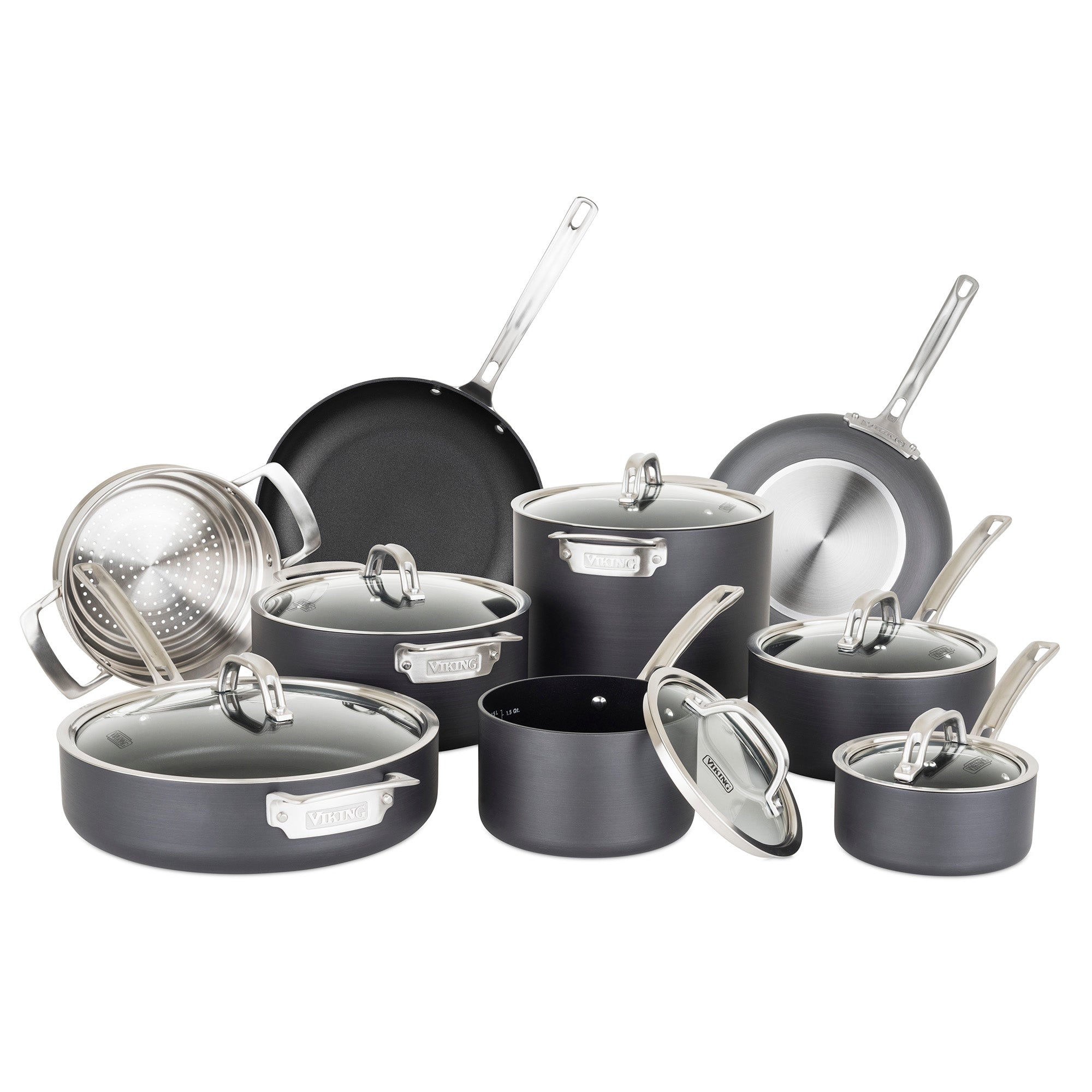 The Viking Hard Anodized Nonstick 15-Piece Cookware Set by Viking Culinary Products includes pots, pans, glass lids, a metal steamer insert, and stainless steel handles—induction compatible and shown on a white background.