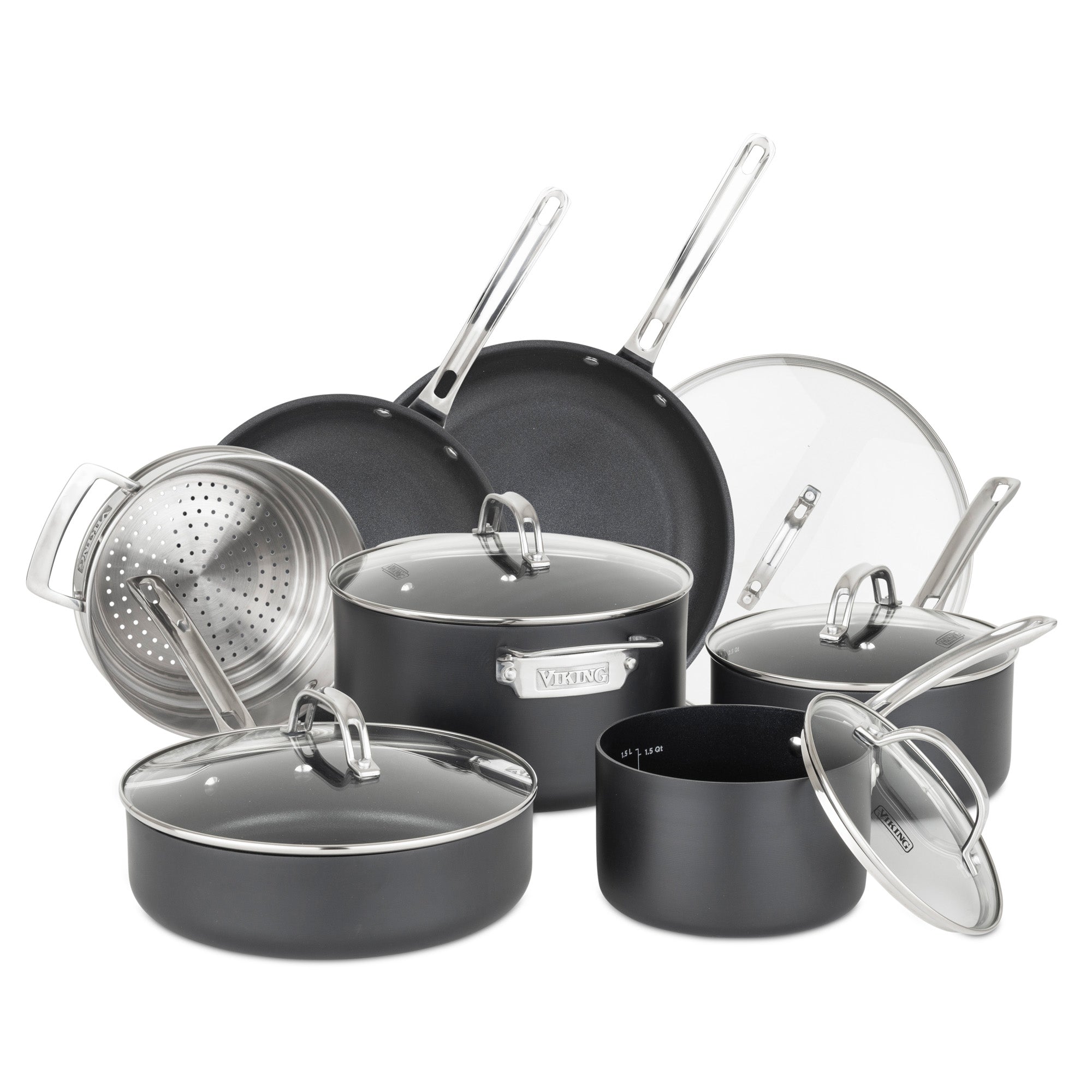 The Viking Culinary Products Hard Anodized Ceramic Nonstick 12pc Cookware Set, PFAS free with stainless steel handles and glass lids, includes saucepans, sauté pans, a stockpot, and steamer insert on a white background.