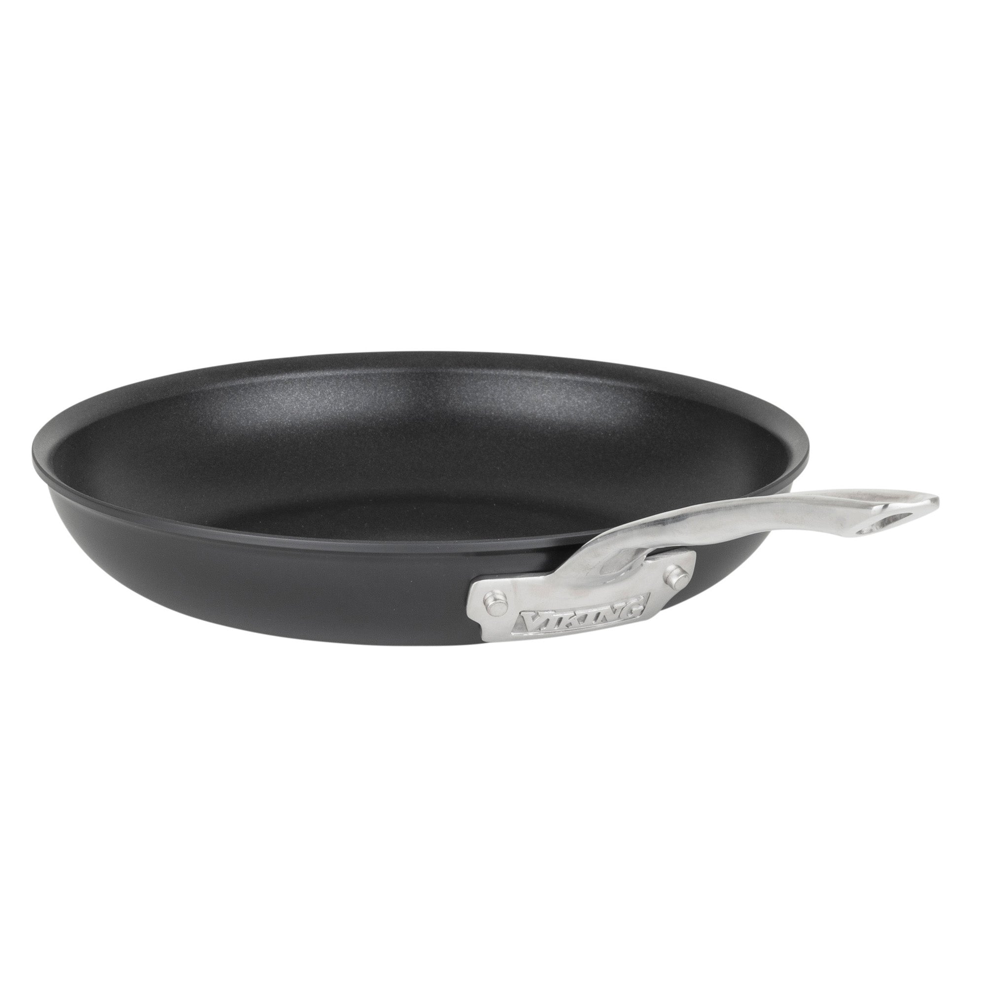 A PFAS-free cookware essential, this black nonstick frying pan with a silver handle is part of the Viking Culinary Products Viking Hard Anodized Ceramic Nonstick 12pc Cookware Set, shown on a white background.