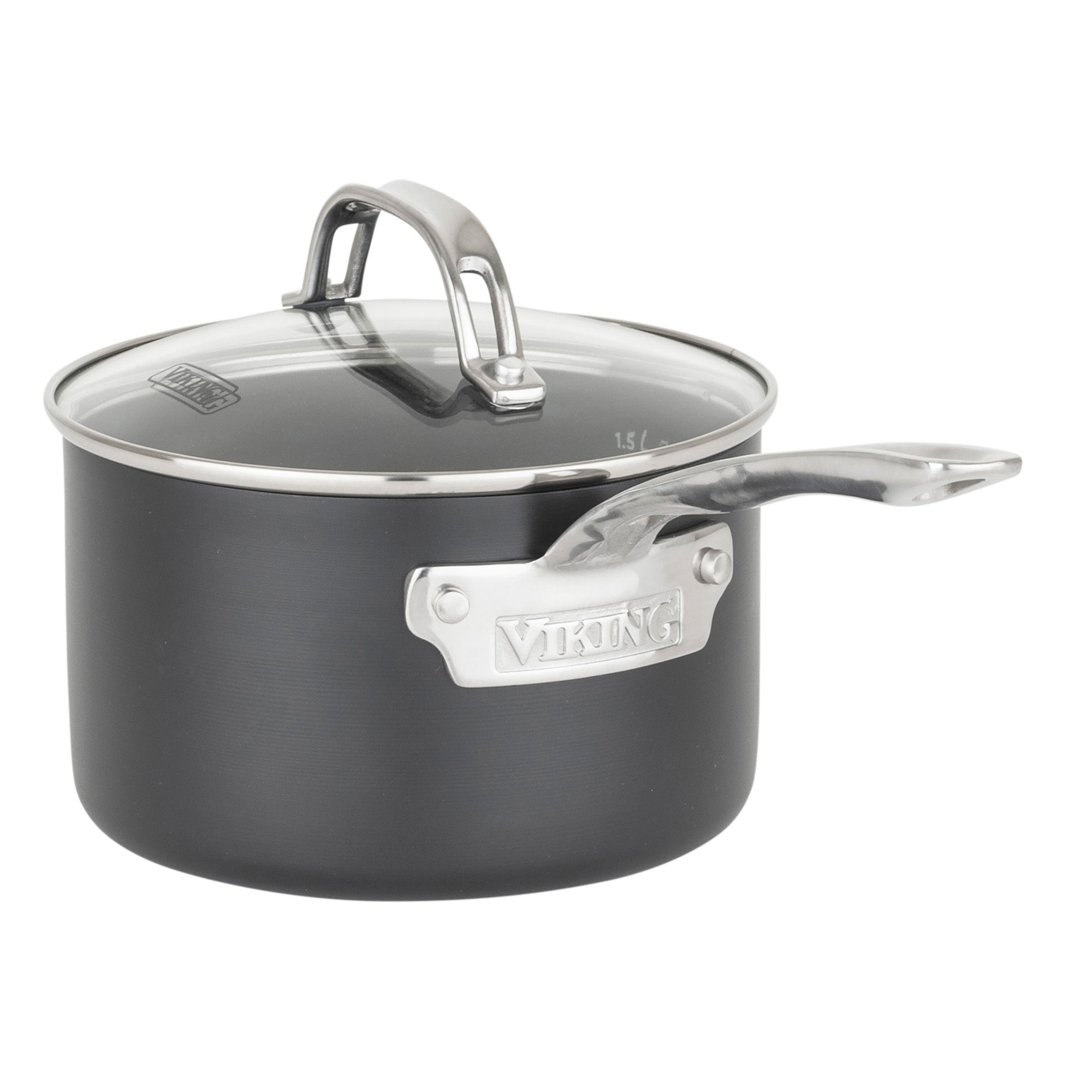 A black Viking Culinary Products Hard Anodized Ceramic Nonstick saucepan with a glass lid and silver handles, featuring a metal Viking label; part of the 12pc PFAS free nonstick cookware set for safe, reliable cooking.