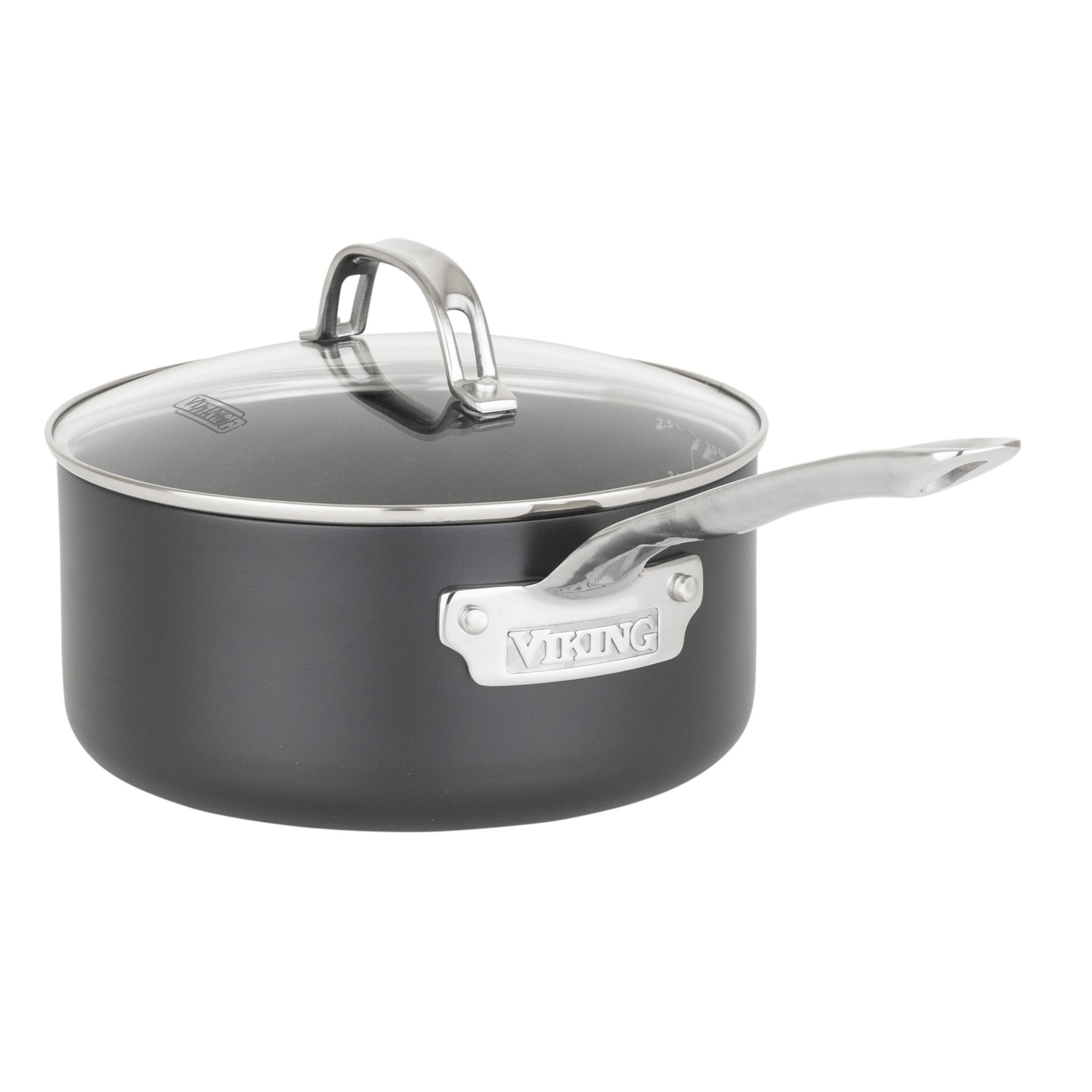A black Viking Culinary Products Hard Anodized Ceramic Nonstick saucepan with a silver handle and glass lid, featuring the Viking label. Part of the PFAS-free 12pc cookware set, it offers a sleek, modern design.