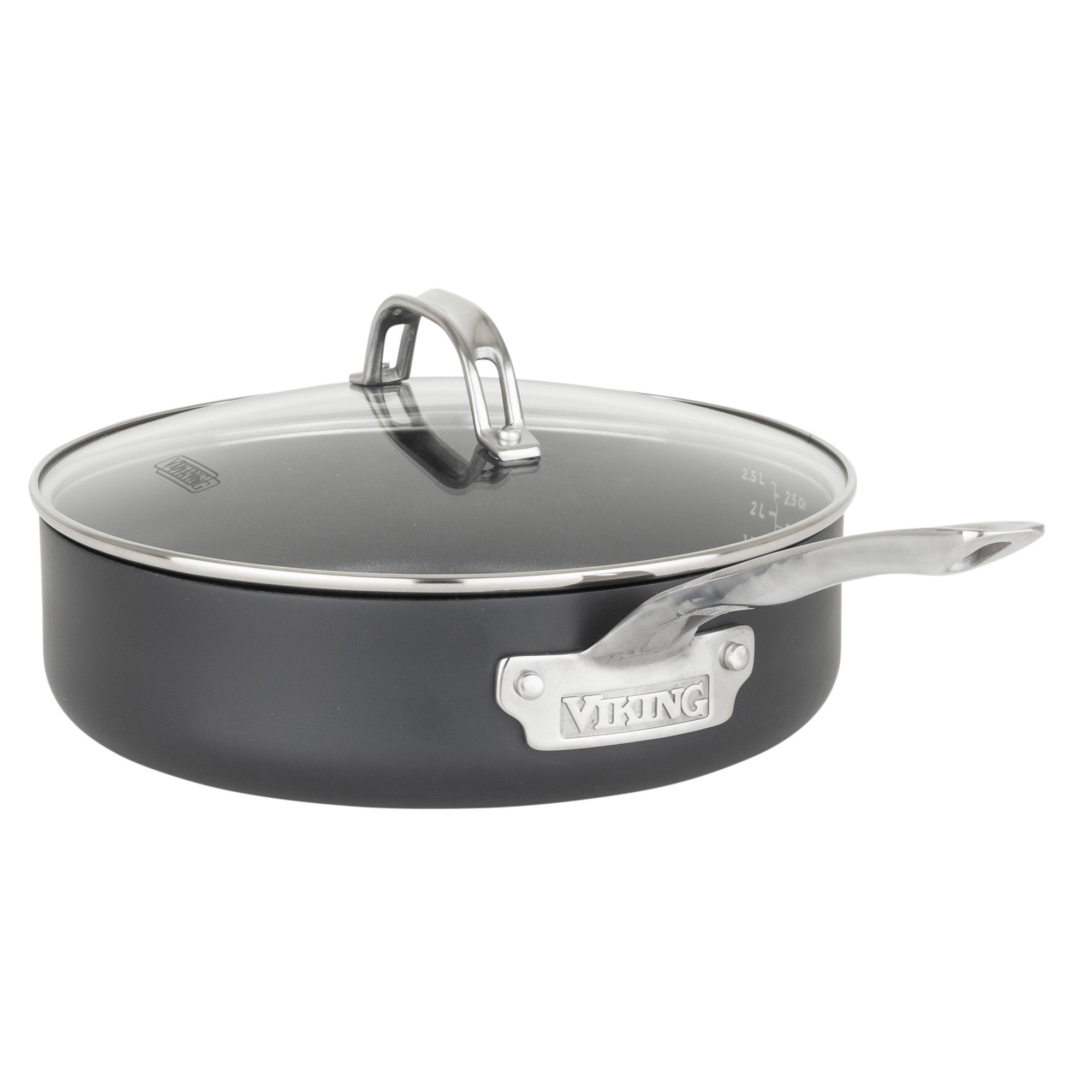 The Viking Culinary Products Hard Anodized Ceramic Nonstick 12pc Cookware Set is PFAS-free, includes a black sauté pan with glass lid and stainless steel handle, and is ideal for any nonstick cookware collection.