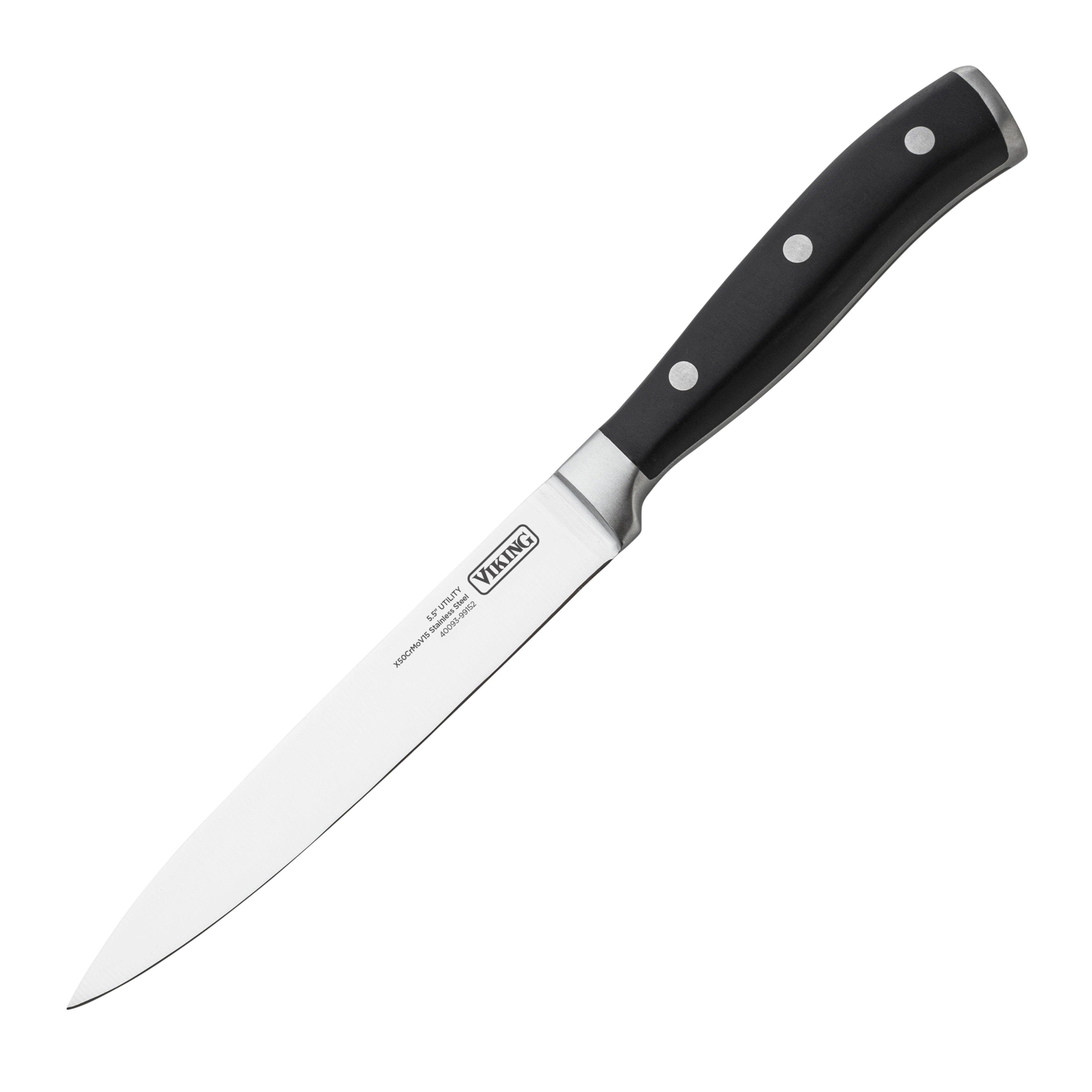 The Viking 15-Piece Stainless Steel chef's knife by Viking Culinary Products features a silver blade and black handle with three metal rivets, pictured on a plain white background.