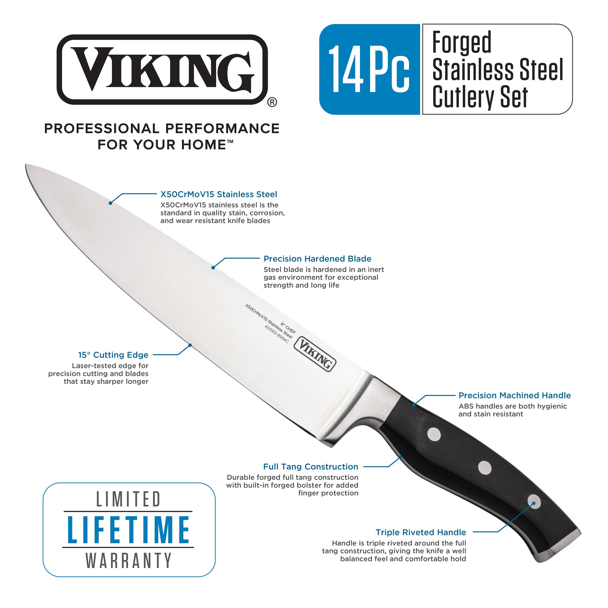 A chef knife from the Viking 14-Piece X50CrMoV15 Steel Cutlery Set by Viking Culinary Products is shown, highlighting its sharp stainless steel blade, 15° edge, full tang design, riveted handle, and lifetime warranty.