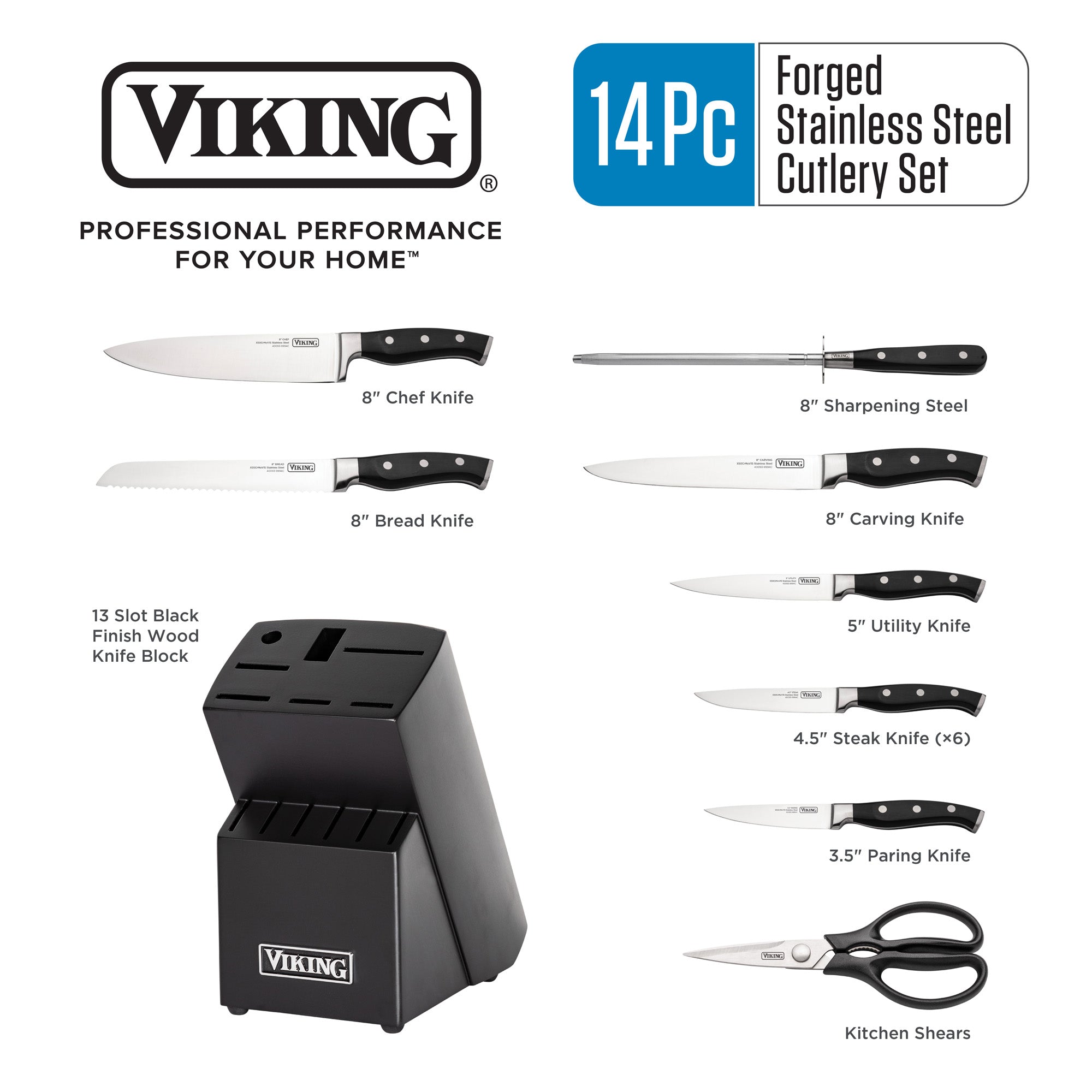 The Viking Culinary Products 14-Piece X50CrMoV15 Steel Cutlery Set includes chef, bread, carving, utility, steak, paring knives, kitchen shears, a sharpener, and a sleek black 13-slot block for organized storage.