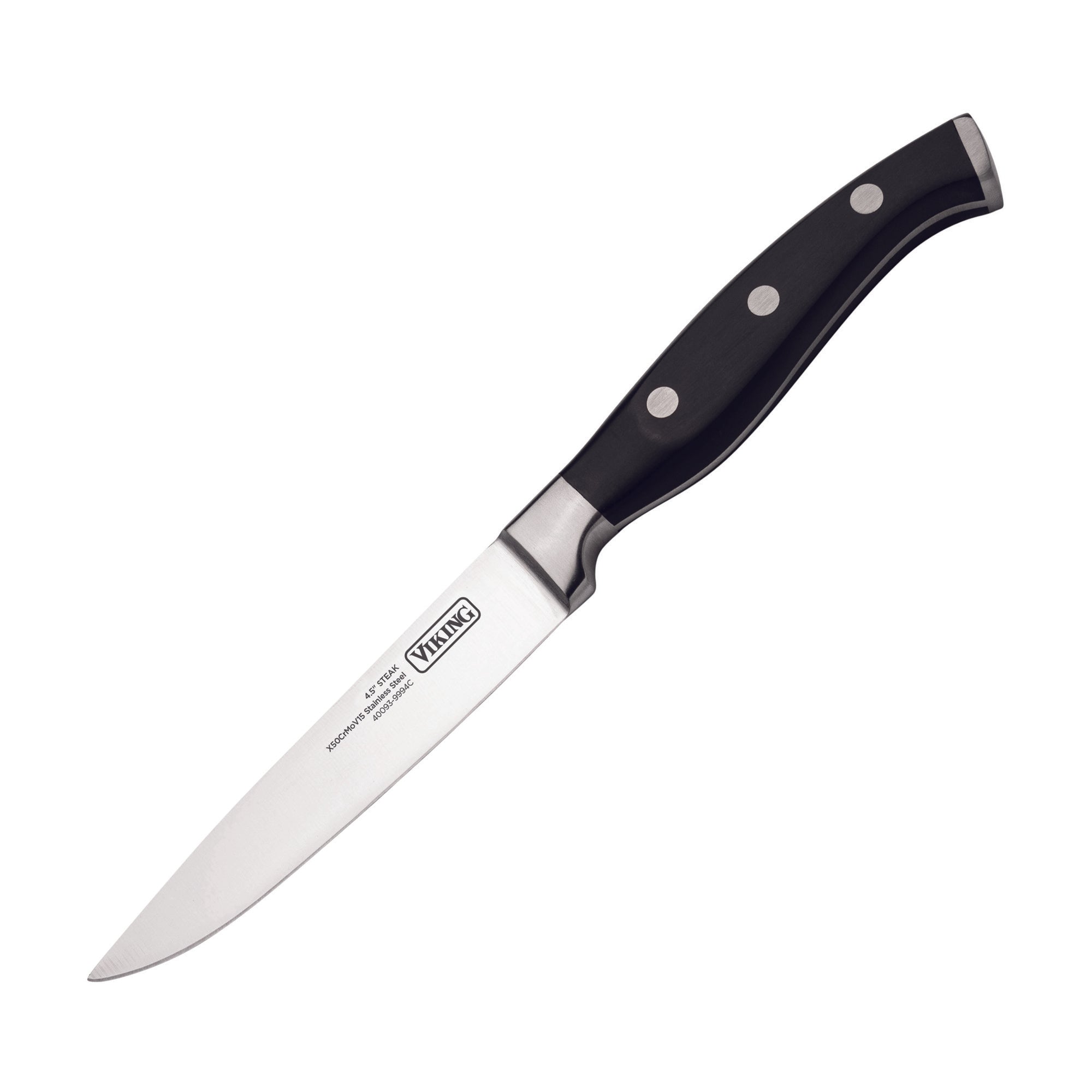 The Viking 14-Piece X50CrMoV15 Steel Cutlery Set by Viking Culinary Products features a chef knife with a stainless steel pointed blade and a black handle with three silver rivets, displayed against a white background.