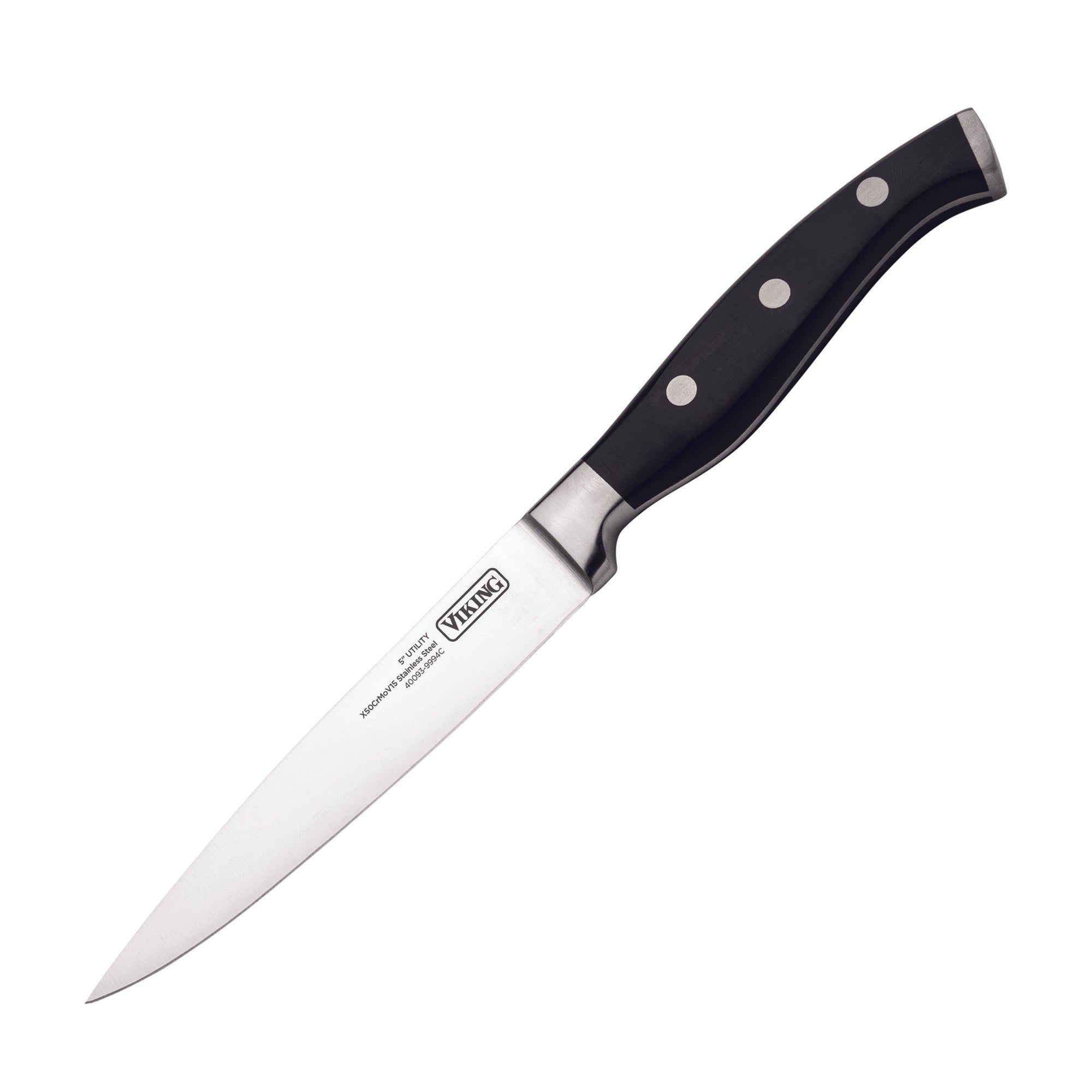 A Viking Culinary Products chef knife from the 14-Piece X50CrMoV15 Steel Cutlery Set, featuring a black triple-riveted handle, is shown on a white background with the blade branded “Viking.â€.