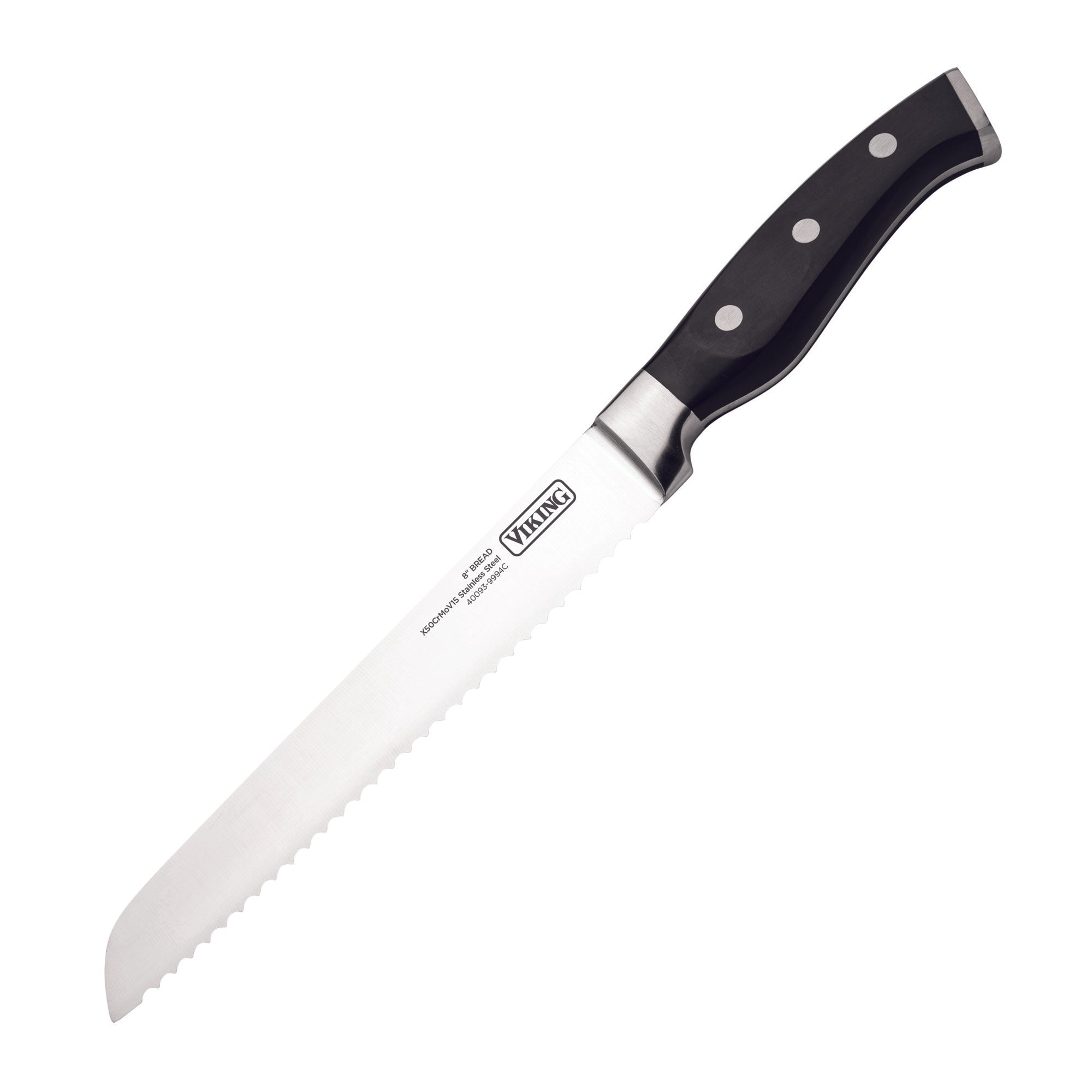The Viking Culinary Products 14-Piece X50CrMoV15 Steel Cutlery Set includes a serrated bread knife with a black handle and stainless steel blade, designed in the forged knife style, shown on a white background.
