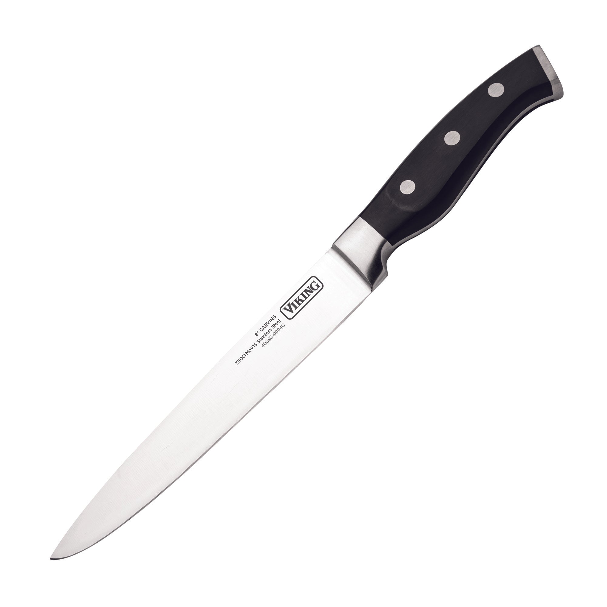 A Viking Culinary Products chef knife from the 14-Piece X50CrMoV15 Steel Cutlery Set features a forged stainless steel blade branded with the Viking logo and a black handle with three silver rivets, displayed on a white background.